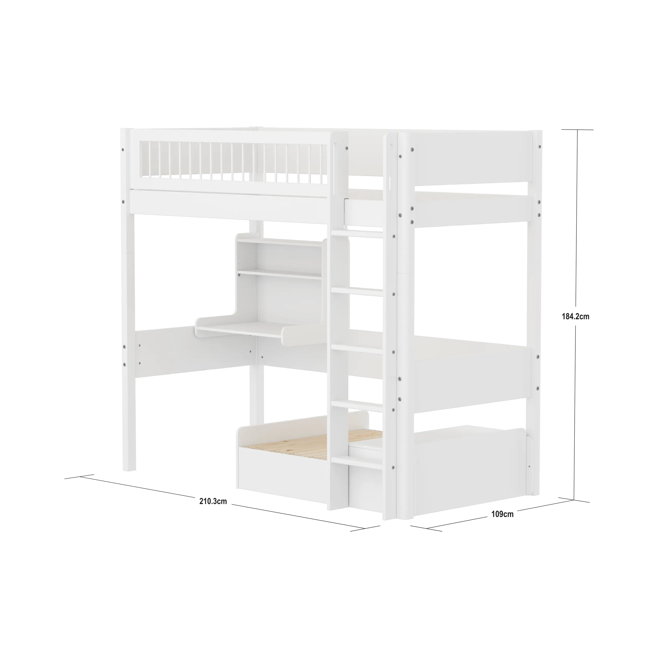 Lit surélevé 184 cm avec canapé, bureau, échelle et barrière de sécurité, 90x200 cm, blanc