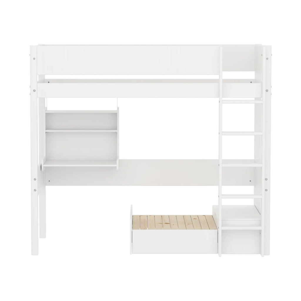 Lit superposé 184 cm avec canapé, bureau, échelle et barrière de sécurité, 90x200 cm, Blanc