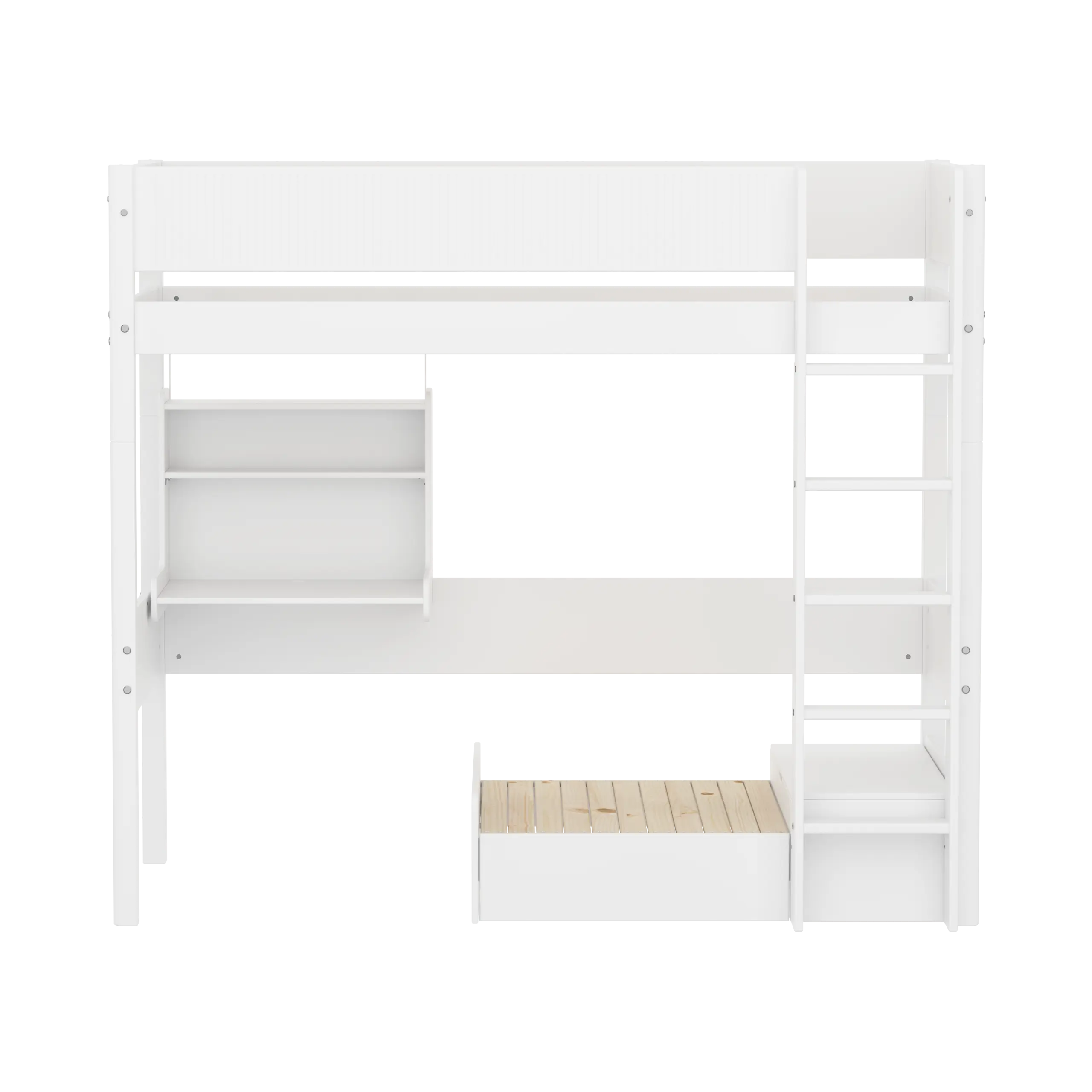 Lit superposé 184 cm avec canapé, bureau, échelle et barrière de sécurité, 90x200 cm, Blanc