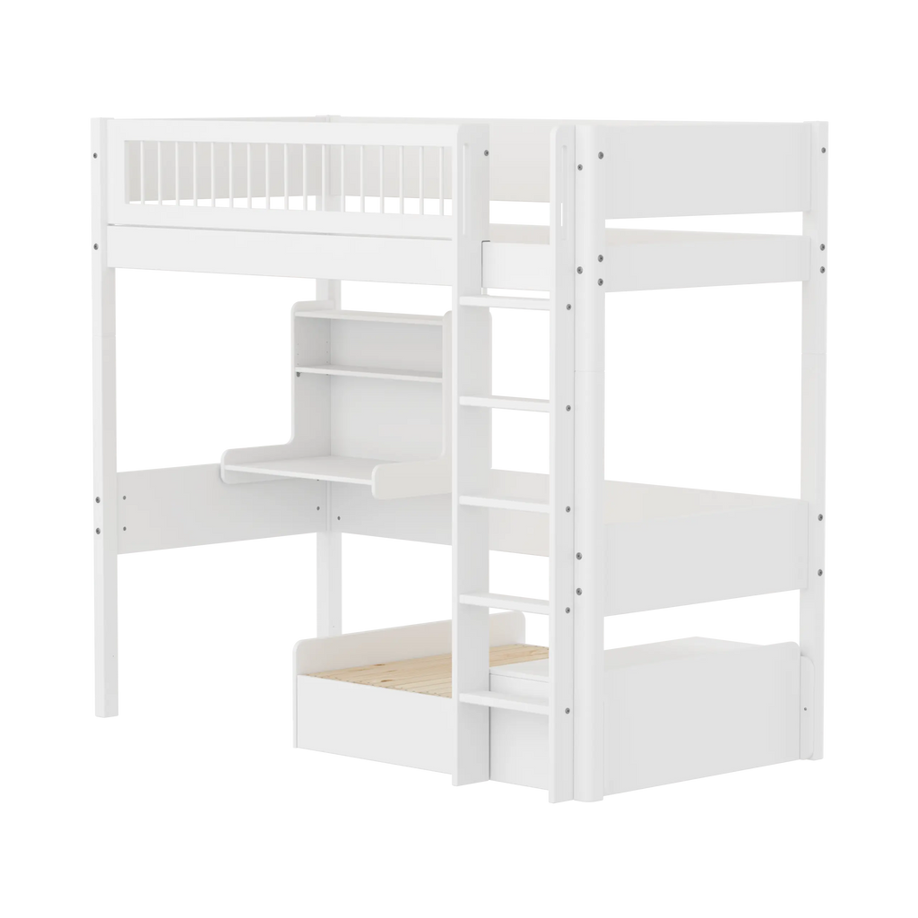 Lit surélevé 184 cm avec canapé, bureau, échelle et barrière de sécurité, 90x200 cm, blanc