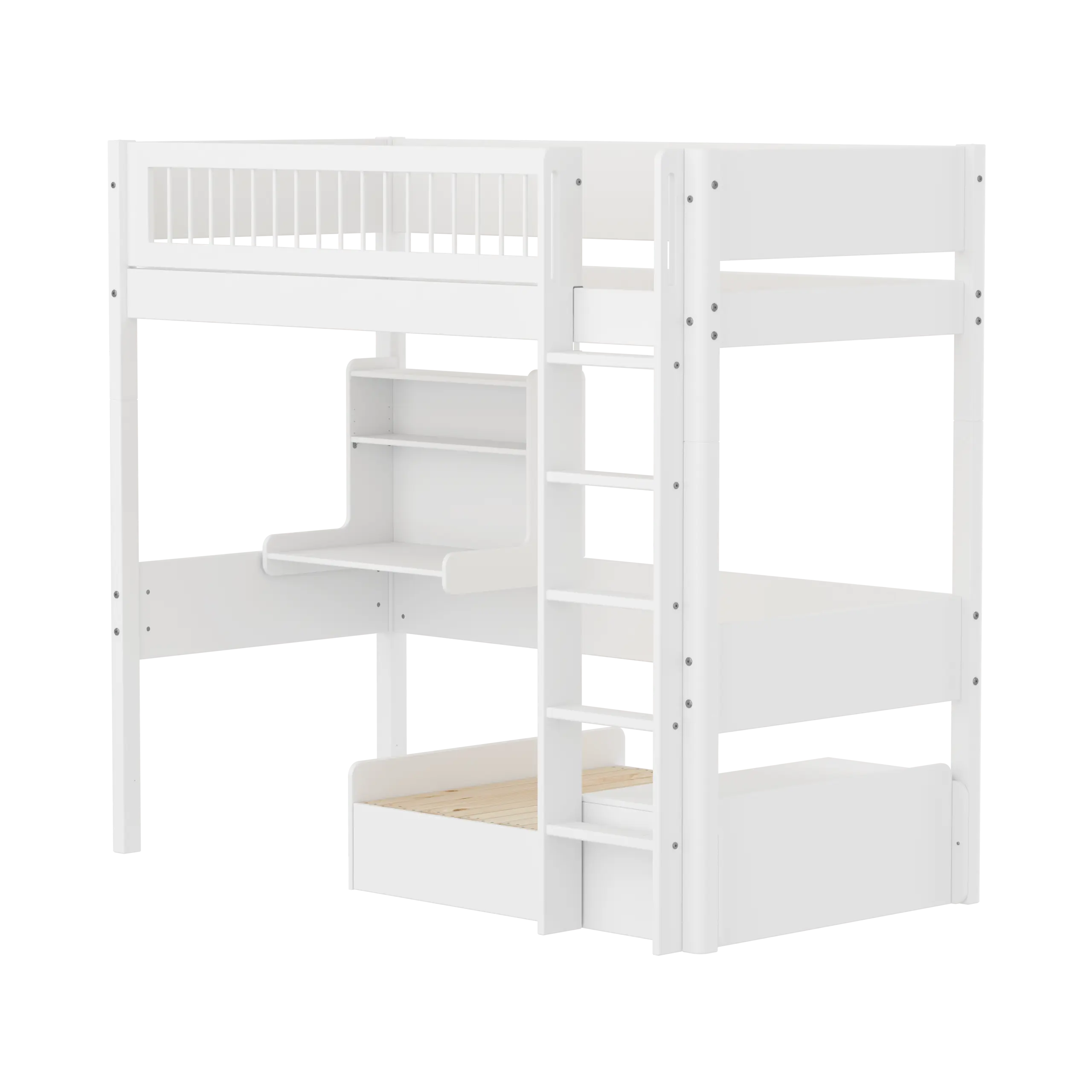 Lit surélevé 184 cm avec canapé, bureau, échelle et barrière de sécurité, 90x200 cm, blanc