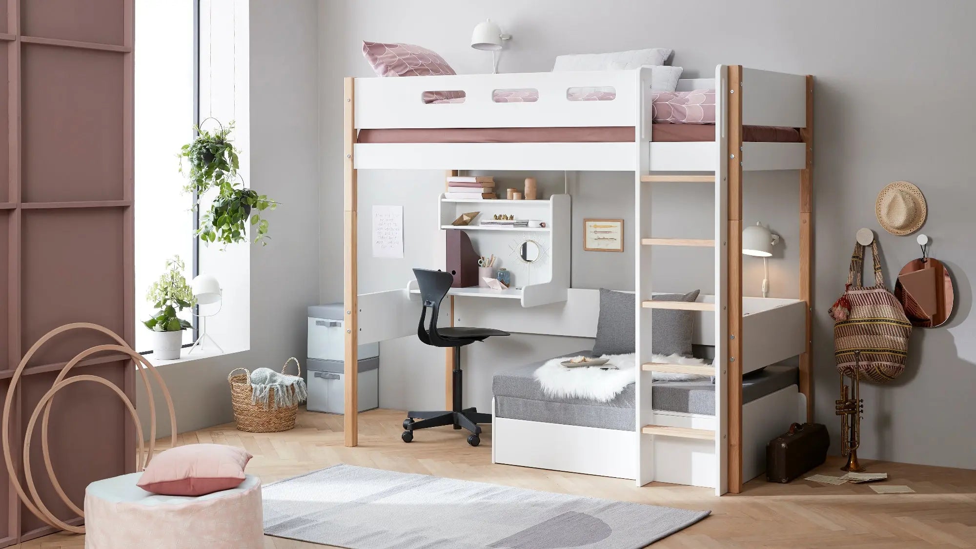 Lit mezzanine 184 cm avec canapé, bureau, échelle et barrière de sécurité, 90x200 cm, Blanc/Chêne