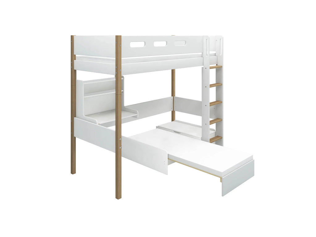 Lit mezzanine 184 cm avec canapé, bureau, échelle et barrière de sécurité, 90x200 cm, Blanc/Chêne