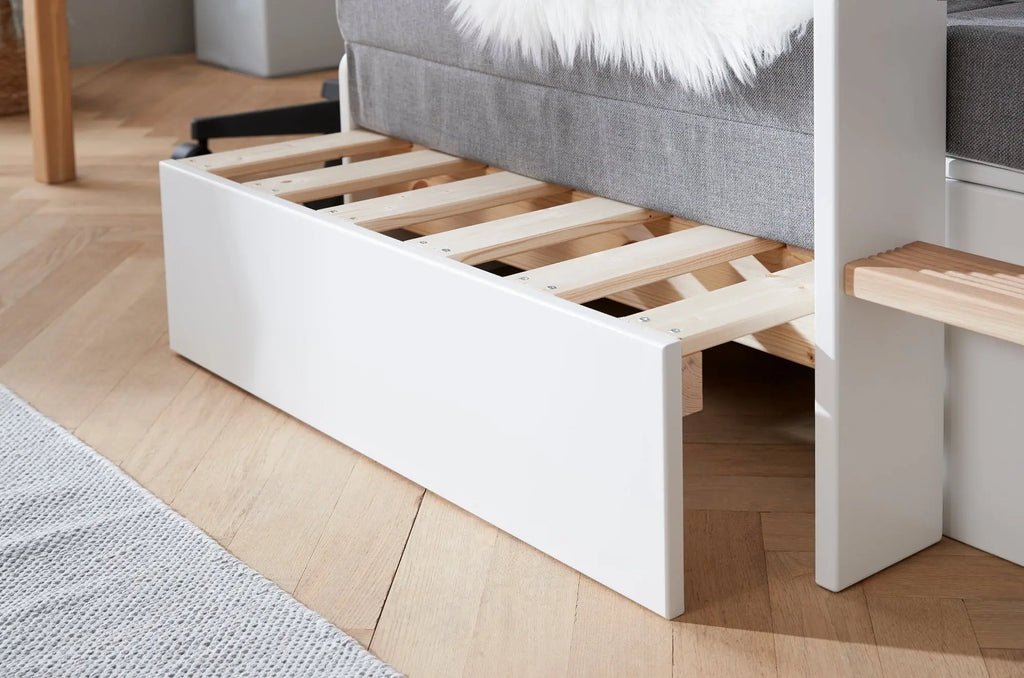 Lit mezzanine 184 cm avec canapé, bureau, échelle et barrière de sécurité, 90x200 cm, Blanc/Chêne