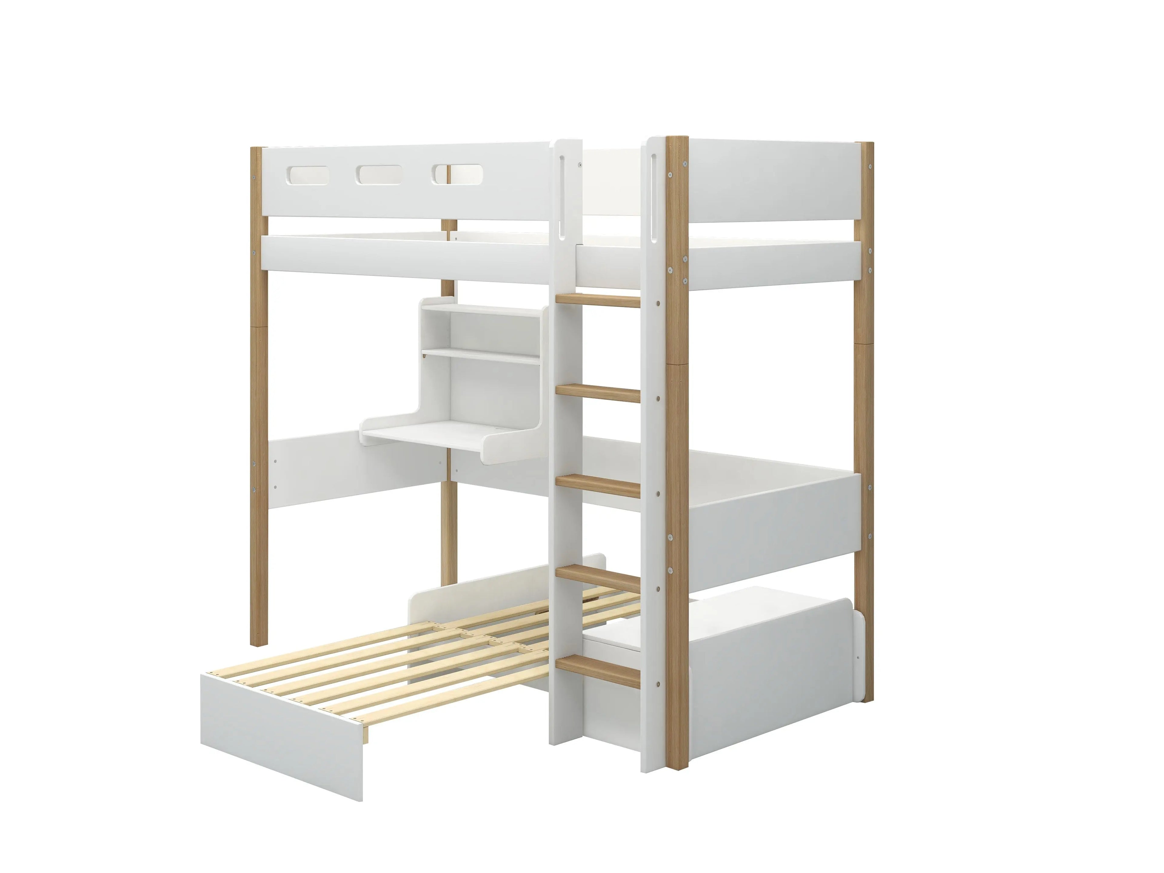 Lit mezzanine 184 cm avec canapé, bureau, échelle et barrière de sécurité, 90x200 cm, Blanc/Chêne