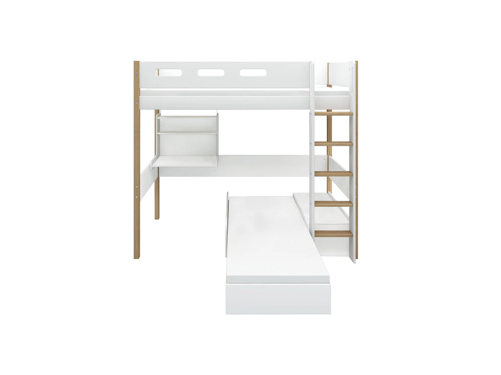 Lit mezzanine 184 cm avec canapé, bureau, échelle et barrière de sécurité, 90x200 cm, Blanc/Chêne