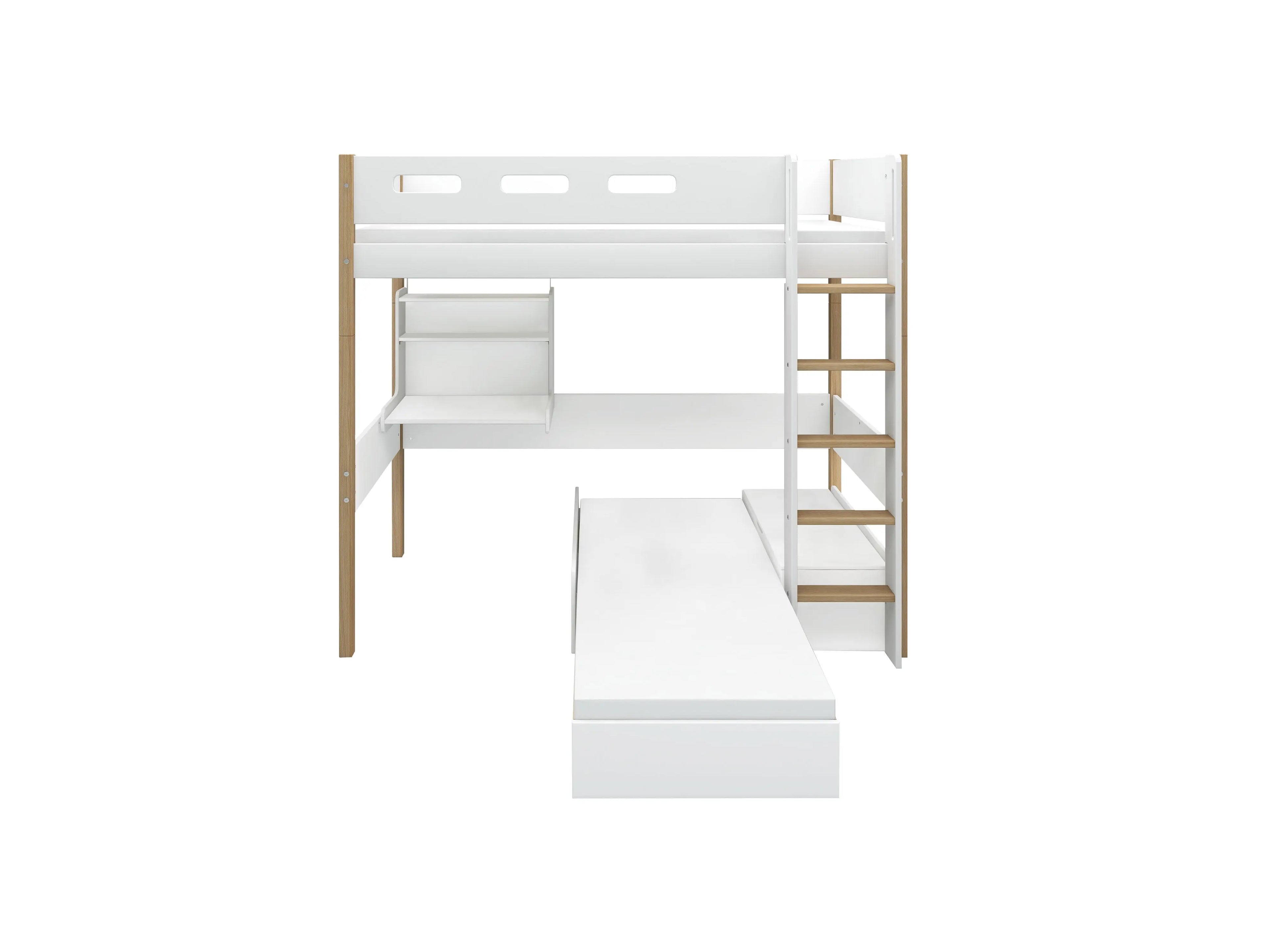 Lit mezzanine 184 cm avec canapé, bureau, échelle et barrière de sécurité, 90x200 cm, Blanc/Chêne