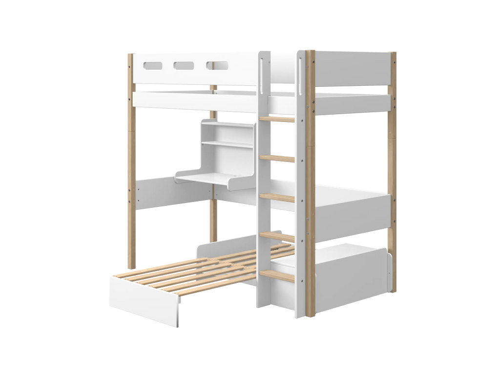 Lit mezzanine 184 cm avec canapé, bureau, échelle et barrière de sécurité, 90x200 cm, Blanc/Chêne