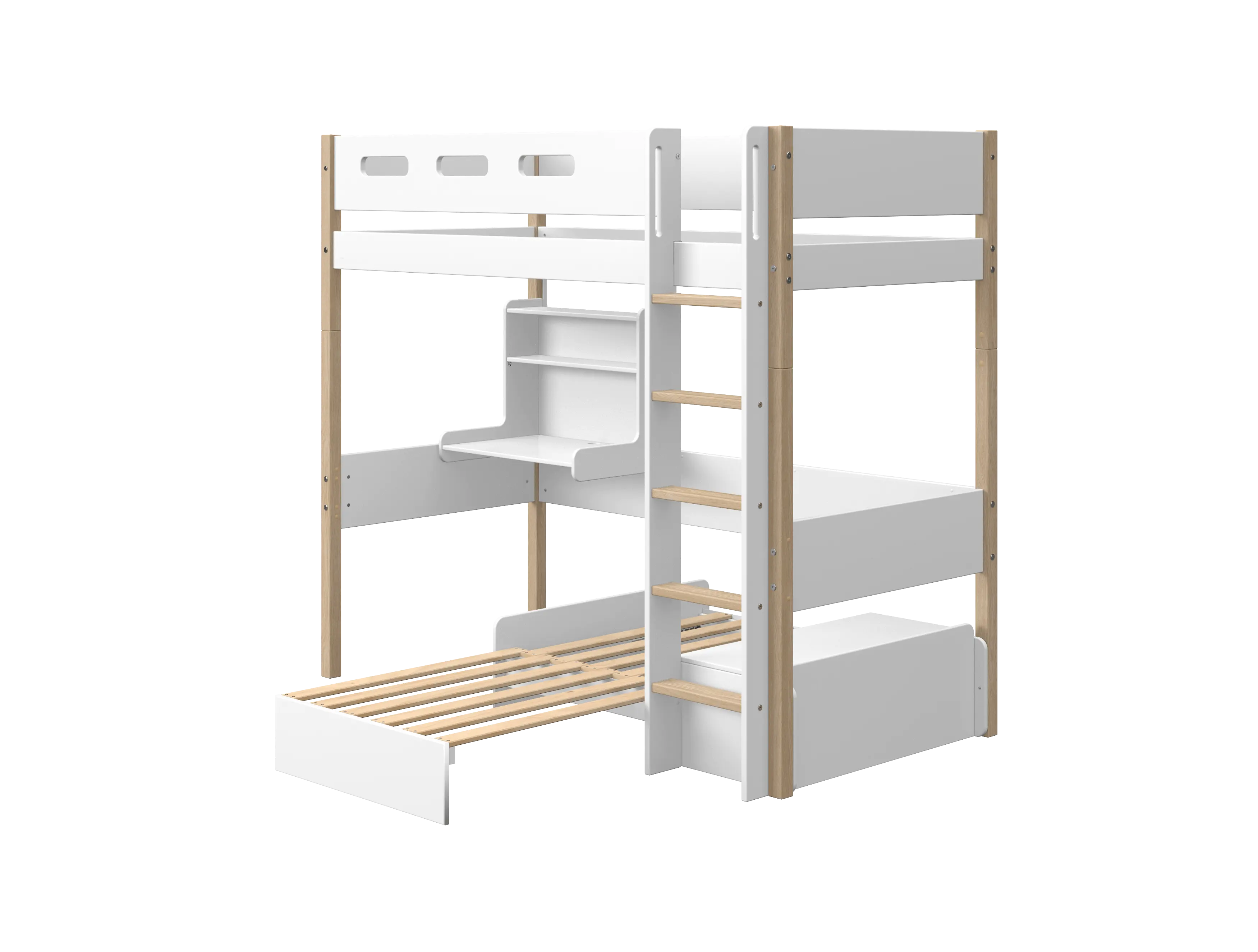 Lit mezzanine 184 cm avec canapé, bureau, échelle et barrière de sécurité, 90x200 cm, Blanc/Chêne