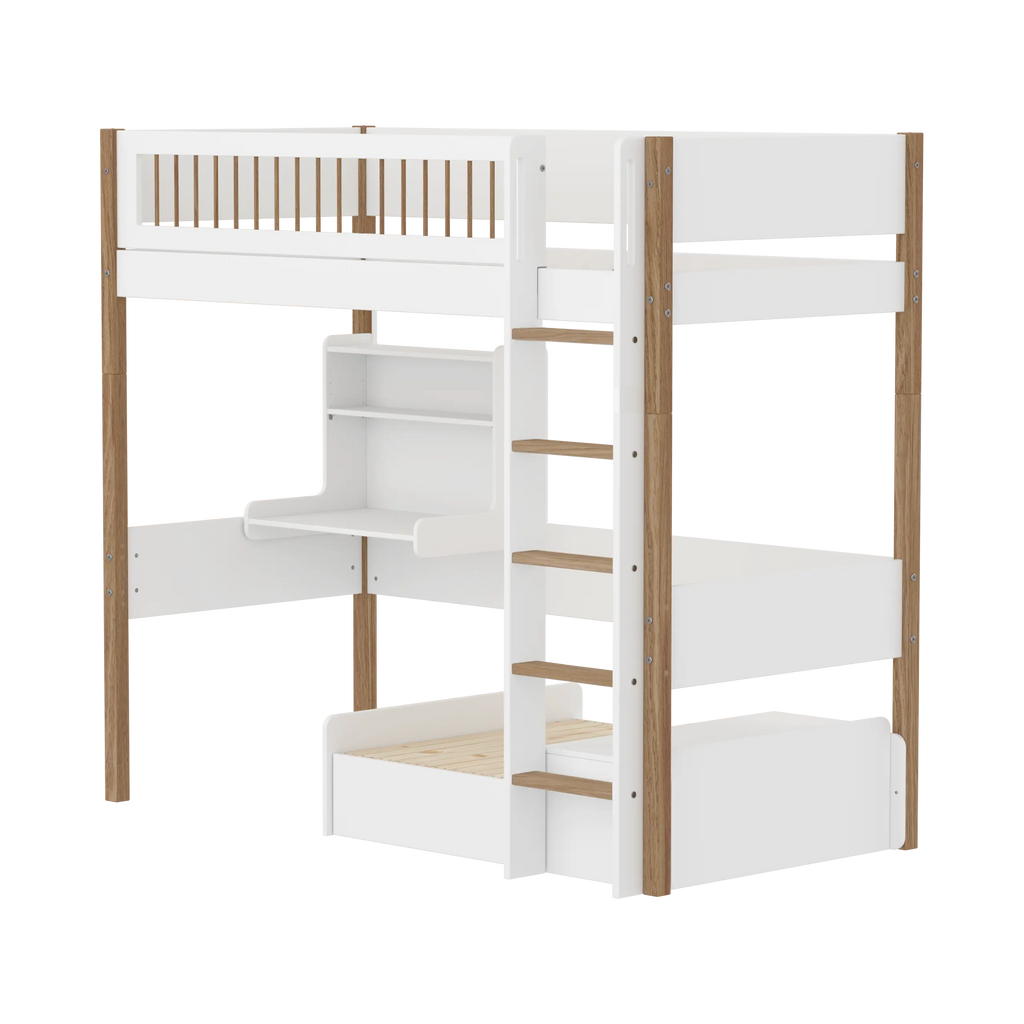 Lit mezzanine 184 cm avec canapé, bureau, échelle et barrière de sécurité, 90x200 cm, blanc/chêne