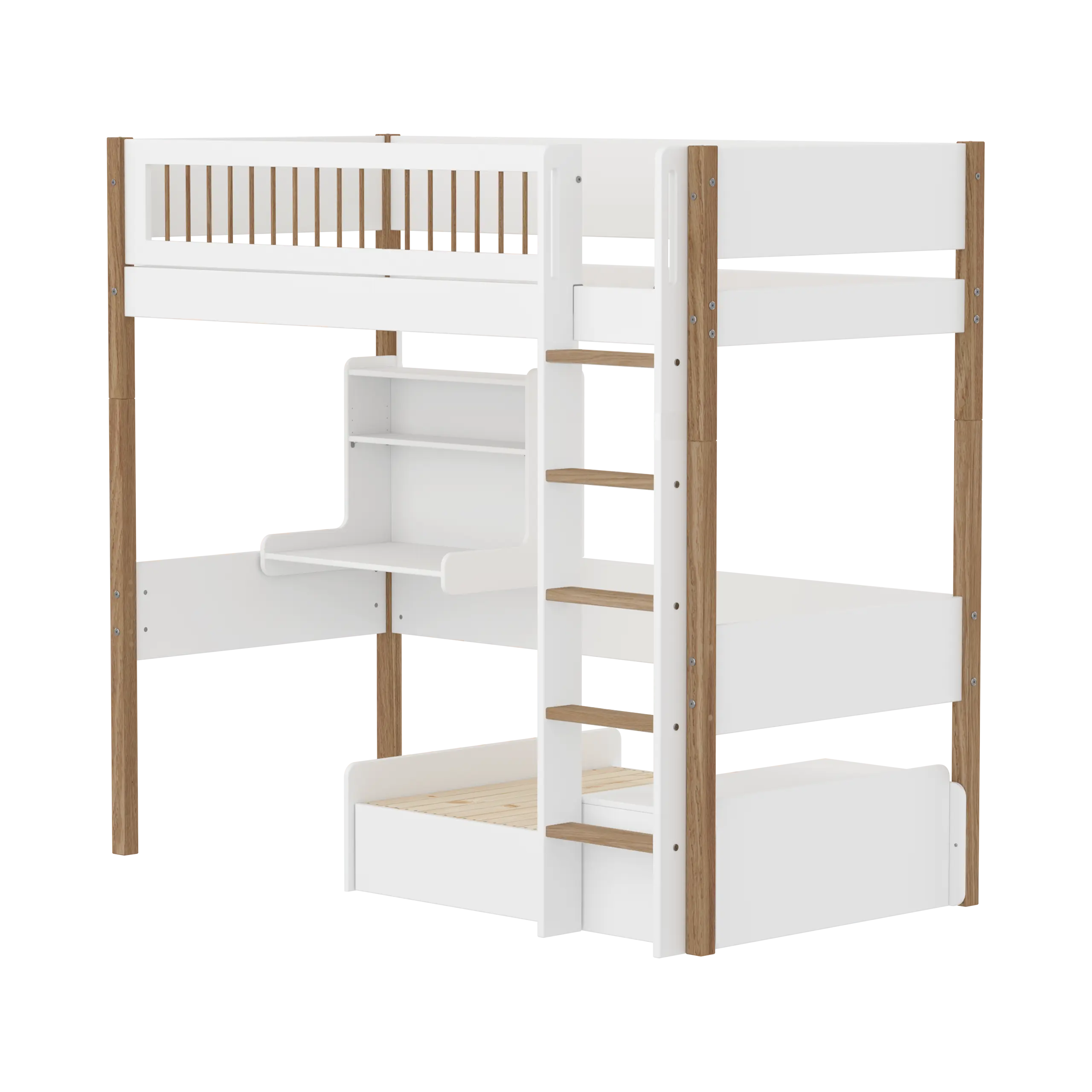 Lit mezzanine 184 cm avec canapé, bureau, échelle et barrière de sécurité, 90x200 cm, blanc/chêne