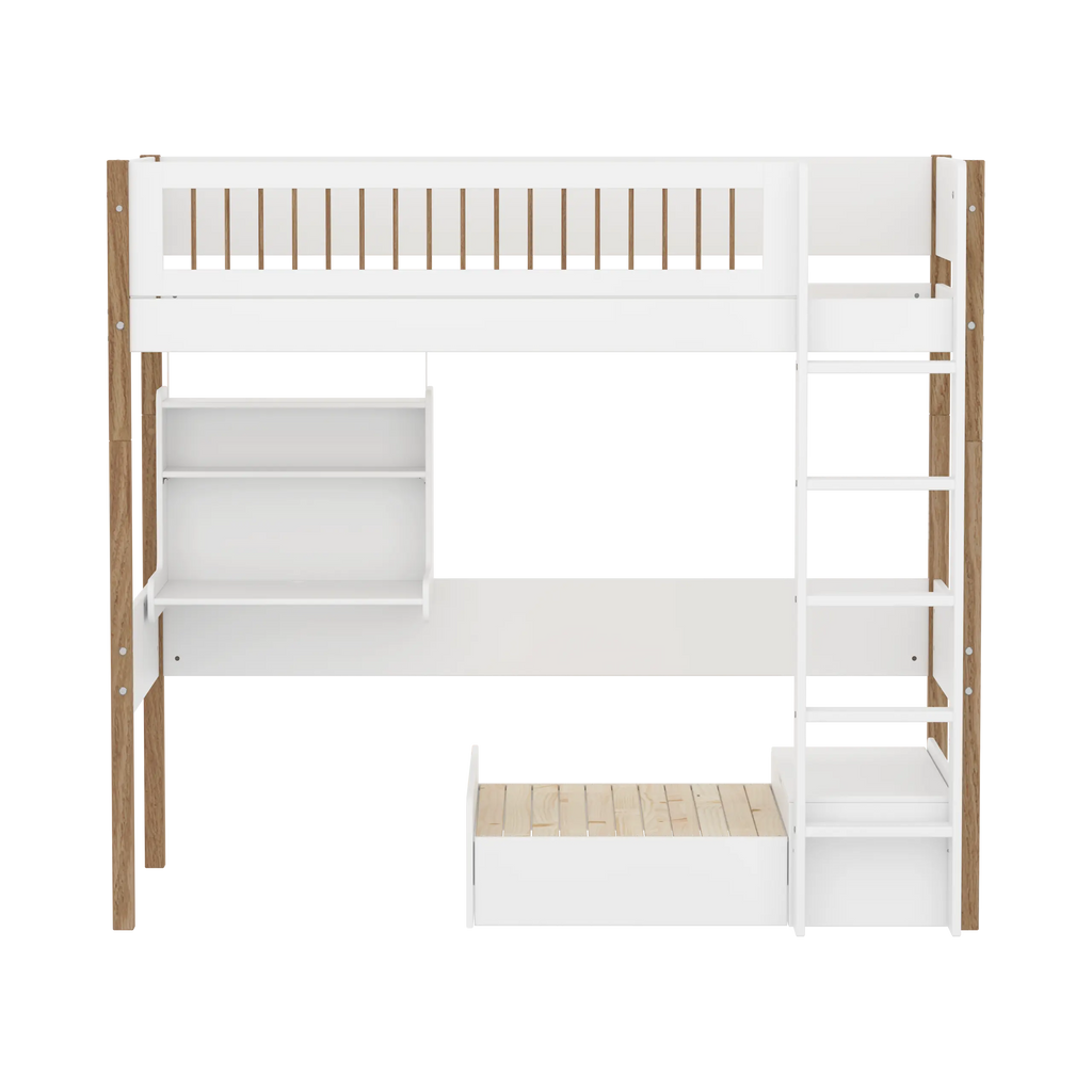 Lit mezzanine 184 cm avec canapé, bureau, échelle et barrière de sécurité, 90x200 cm, blanc/chêne