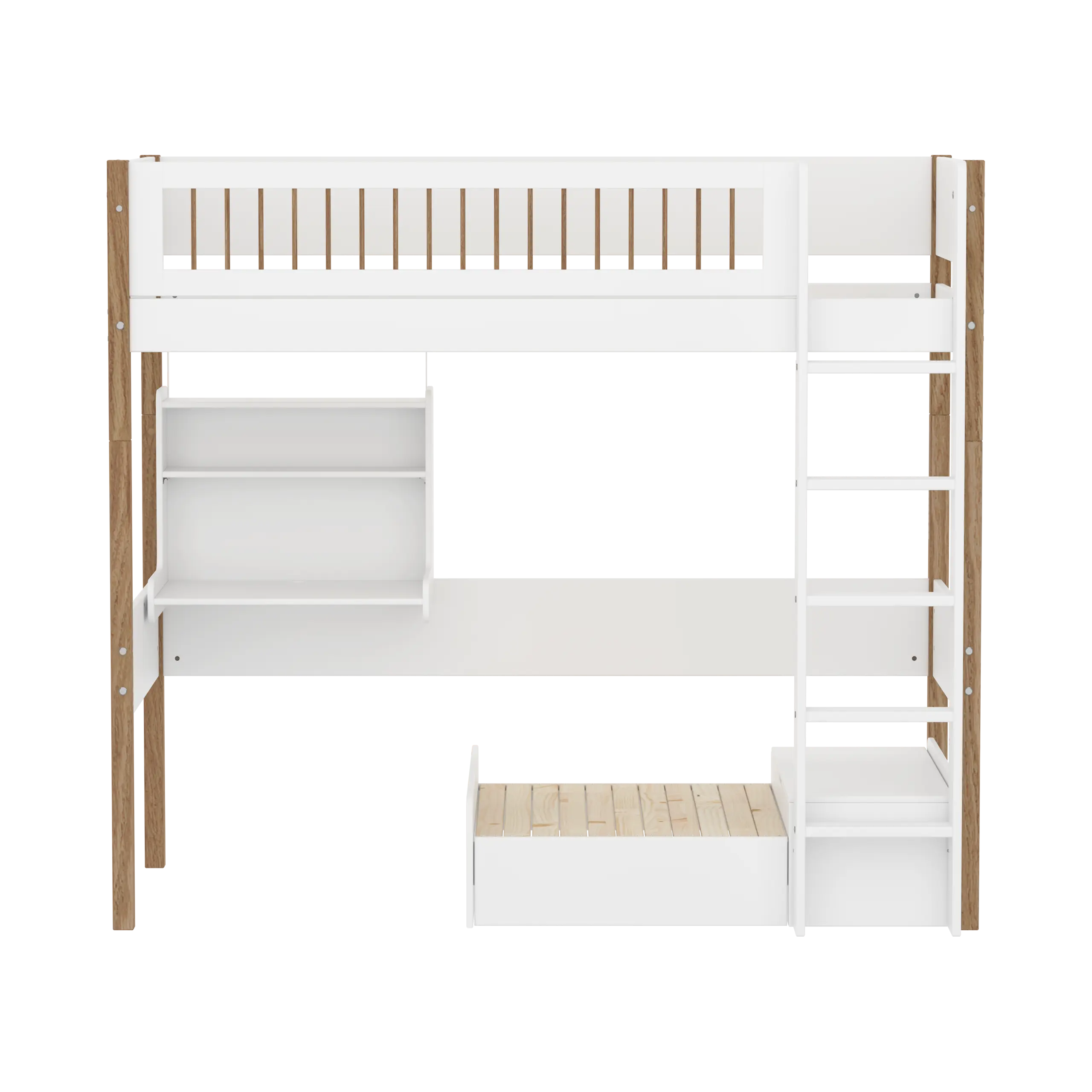 Lit mezzanine 184 cm avec canapé, bureau, échelle et barrière de sécurité, 90x200 cm, blanc/chêne