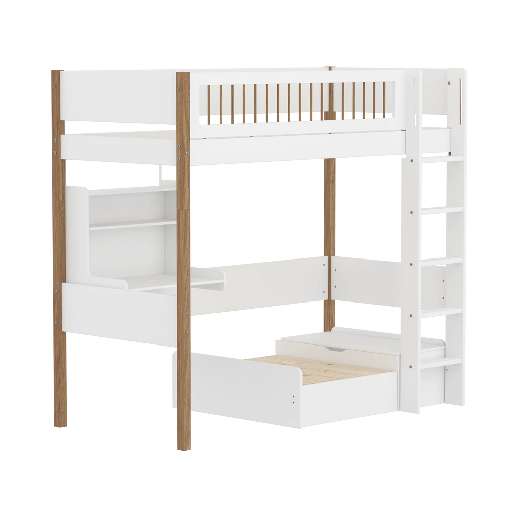 Lit mezzanine 184 cm avec canapé, bureau, échelle et barrière de sécurité, 90x200 cm, blanc/chêne