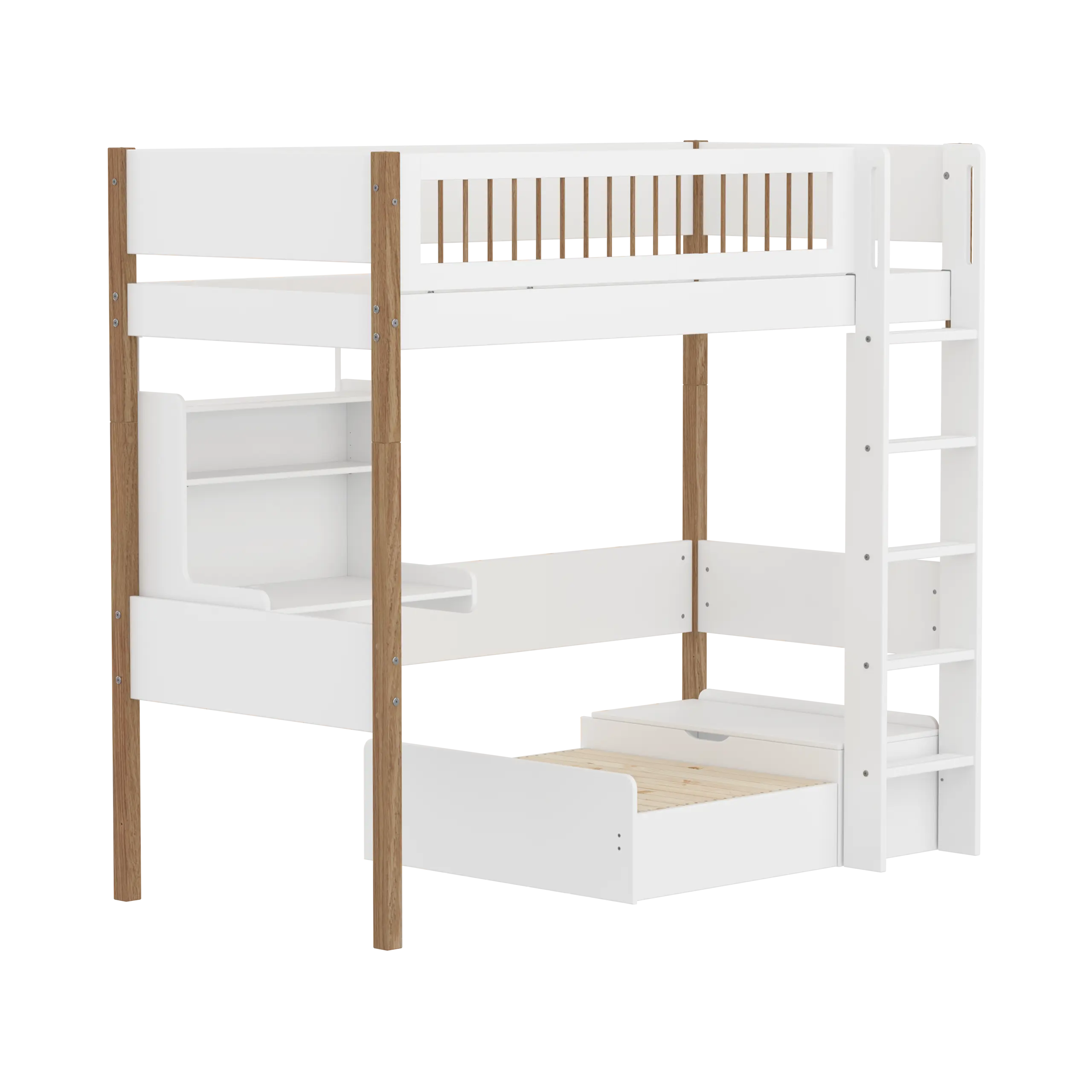 Lit mezzanine 184 cm avec canapé, bureau, échelle et barrière de sécurité, 90x200 cm, blanc/chêne
