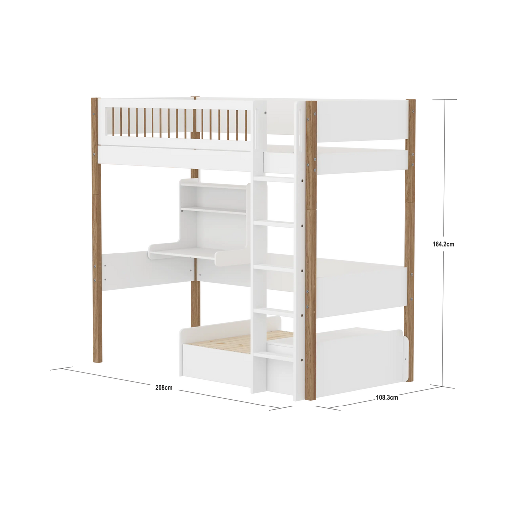 Lit mezzanine 184 cm avec canapé, bureau, échelle et barrière de sécurité, 90x200 cm, blanc/chêne