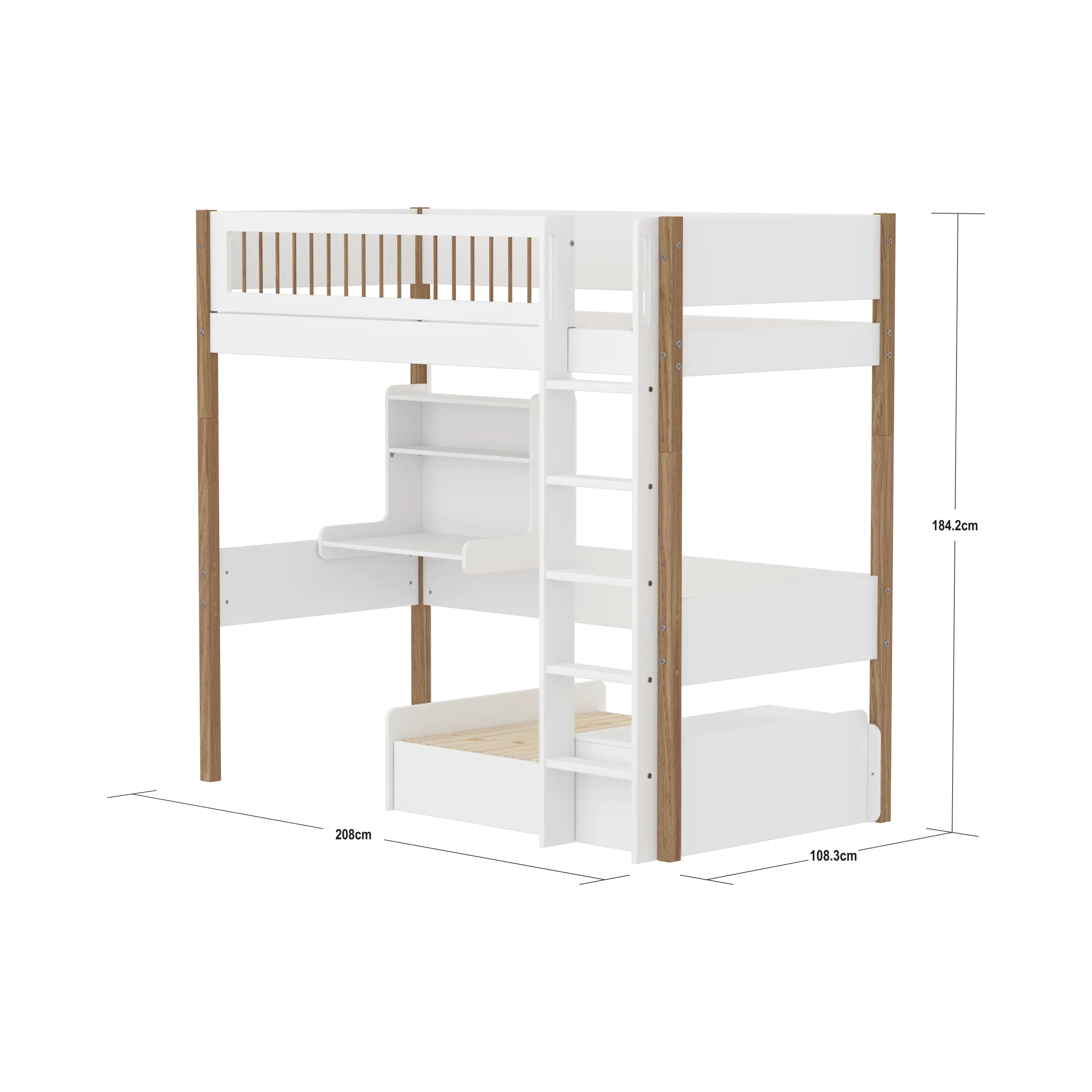 Lit mezzanine 184 cm avec canapé, bureau, échelle et barrière de sécurité, 90x200 cm, blanc/chêne