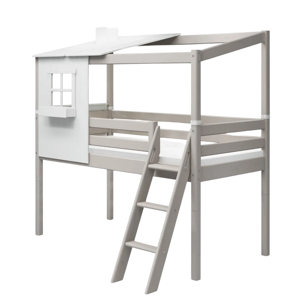 Lit mi-haut avec 1/2 maison classique, 90x200 cm, Blanc/Gris