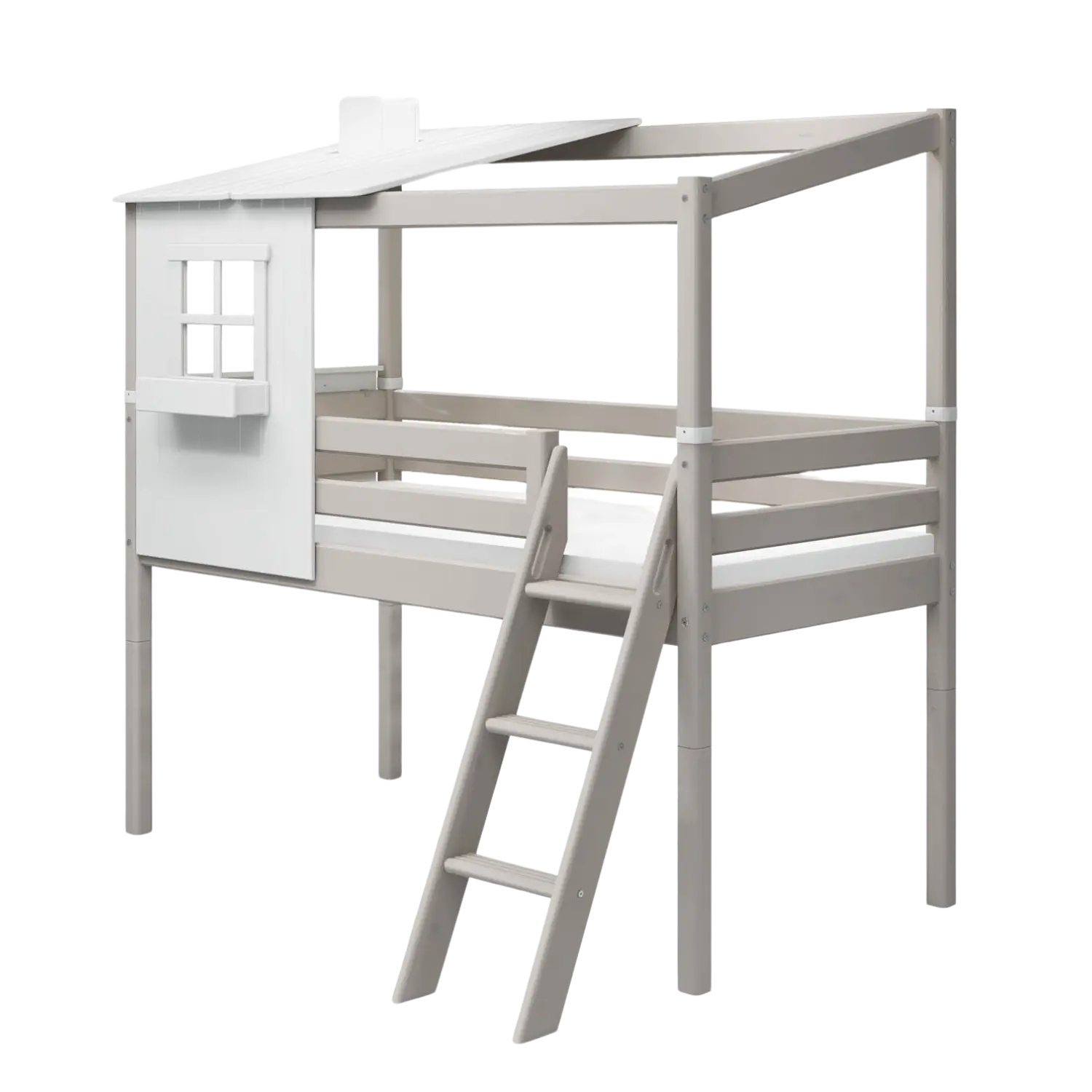 Lit mi-haut avec 1/2 maison classique, 90x200 cm, Blanc/Gris