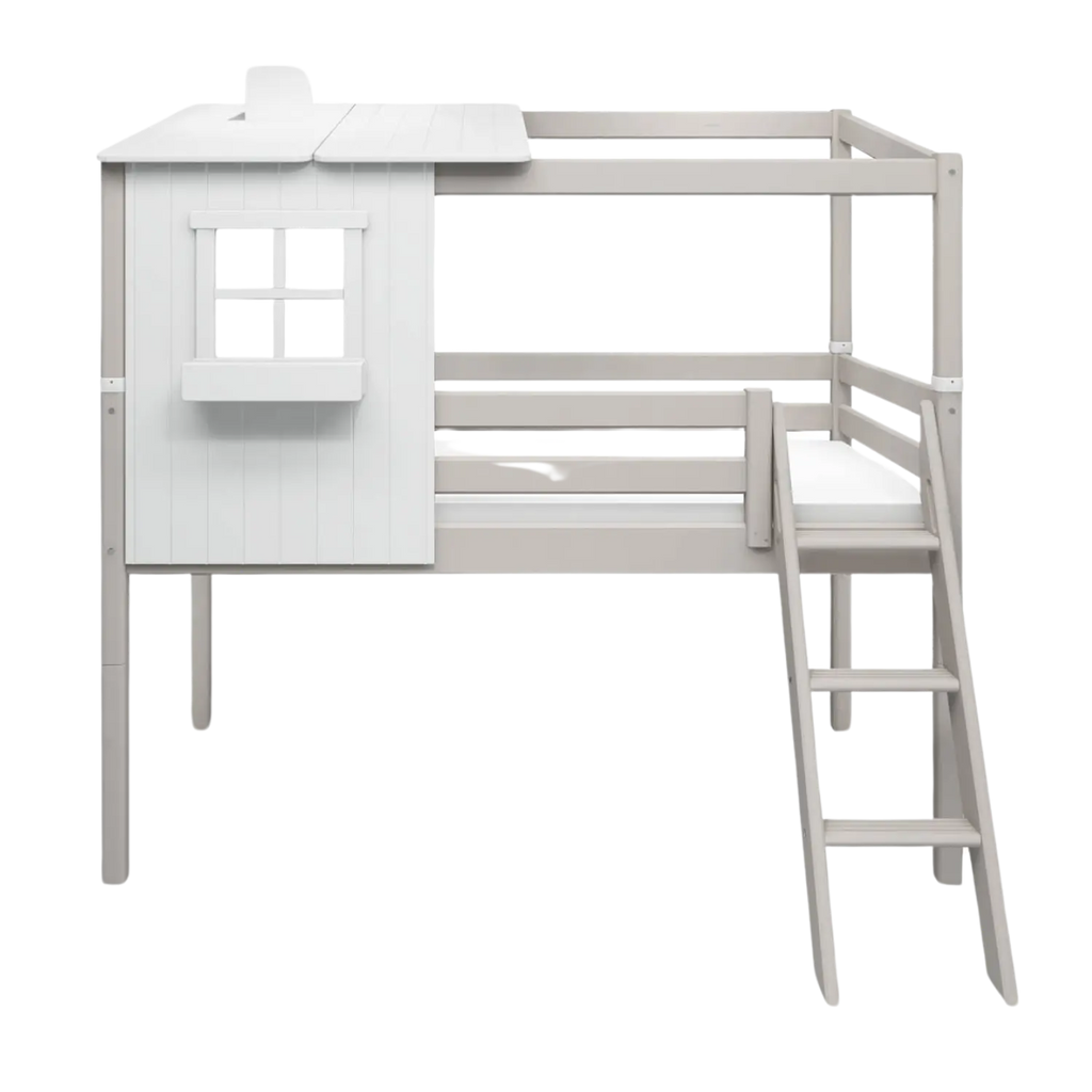 Lit mi-haut avec 1/2 maison classique, 90x200 cm, Blanc/Gris