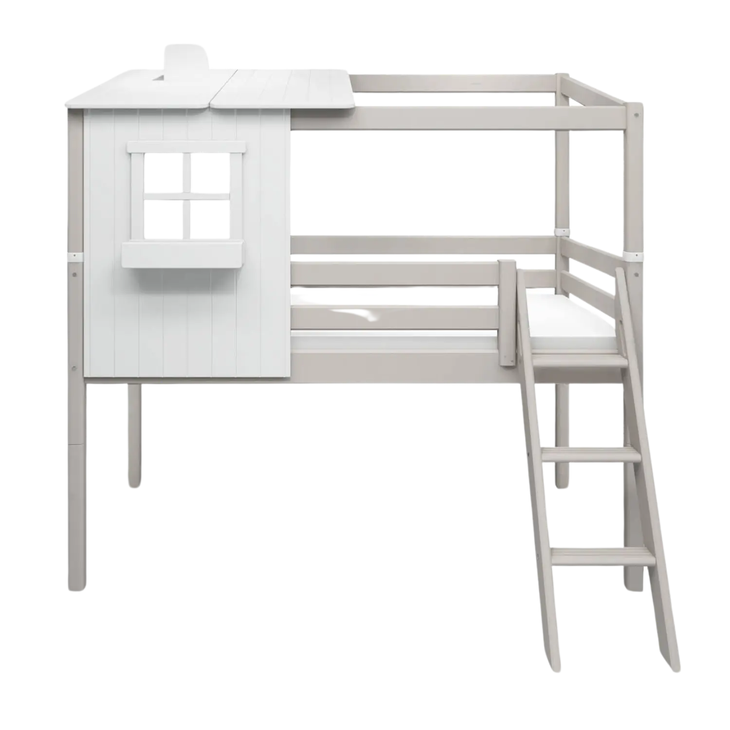 Lit mi-haut avec 1/2 maison classique, 90x200 cm, Blanc/Gris