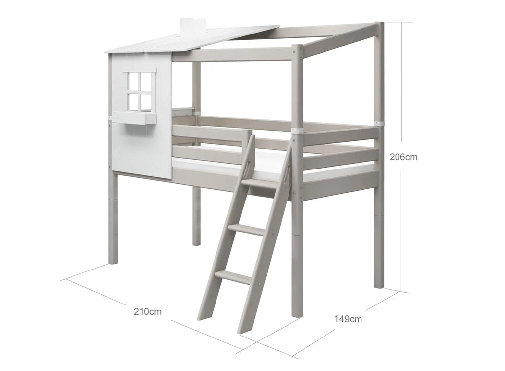 Lit mi-haut avec 1/2 maison classique, 90x200 cm, Blanc/Gris