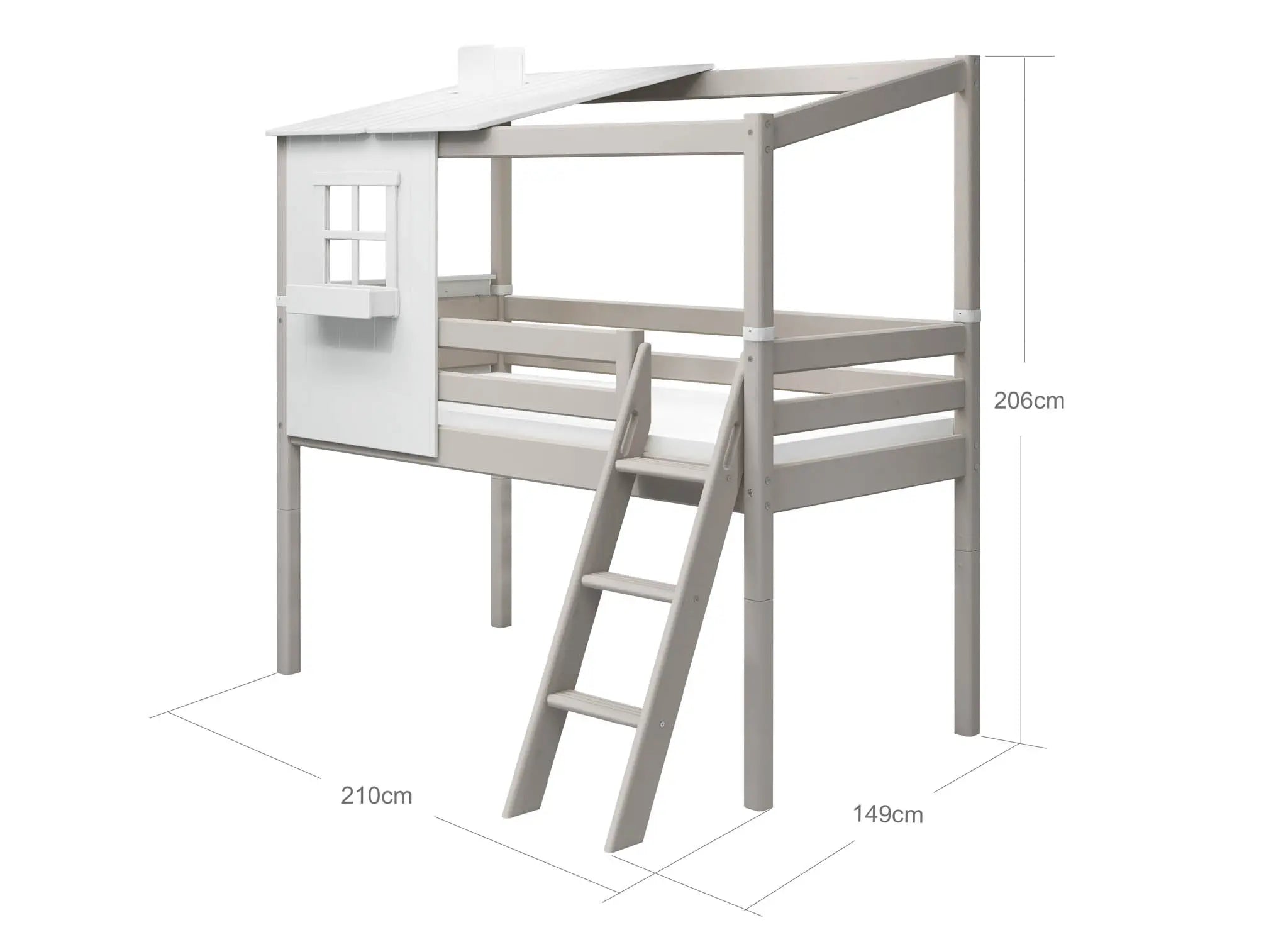 Lit mi-haut avec 1/2 maison classique, 90x200 cm, Blanc/Gris
