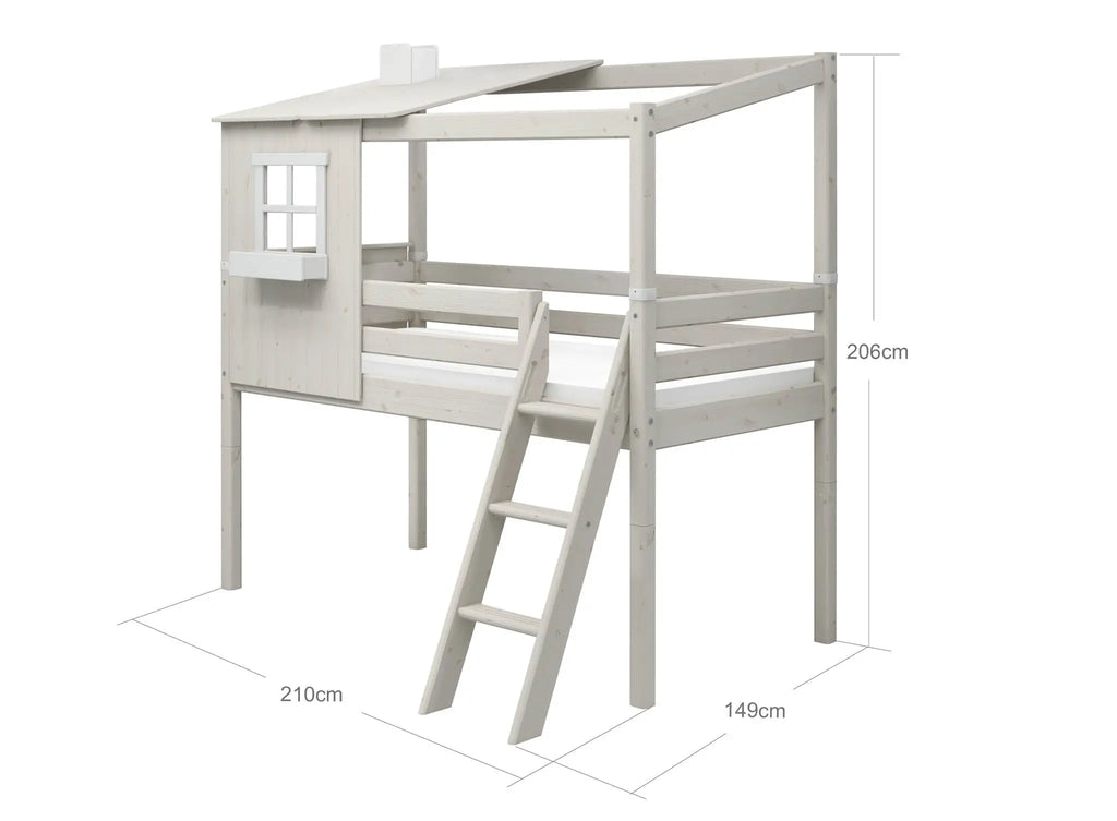 Lit mi-haut avec 1/2 maisonnette, échelle et barrière de sécurité, 90x200 cm, Blanc
