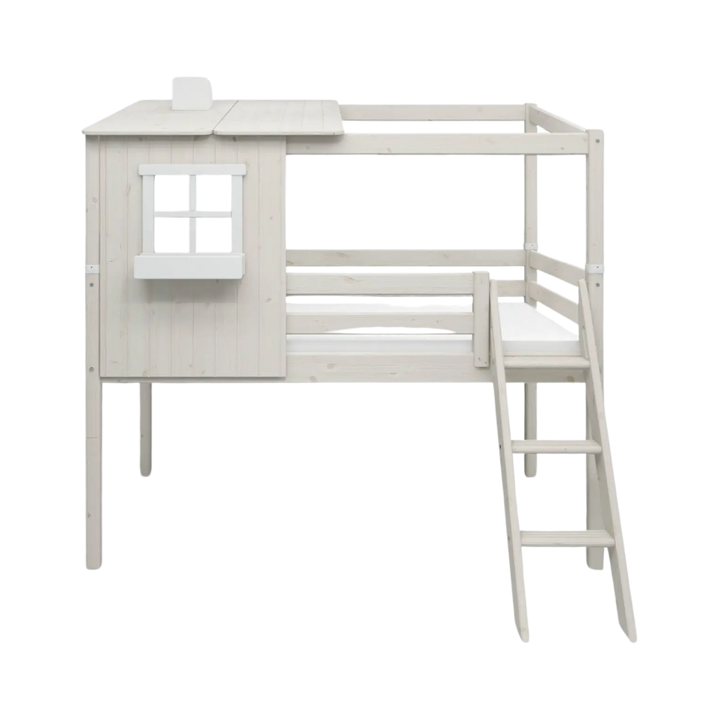Lit mi-haut avec 1/2 maisonnette, échelle et barrière de sécurité, 90x200 cm, Blanc