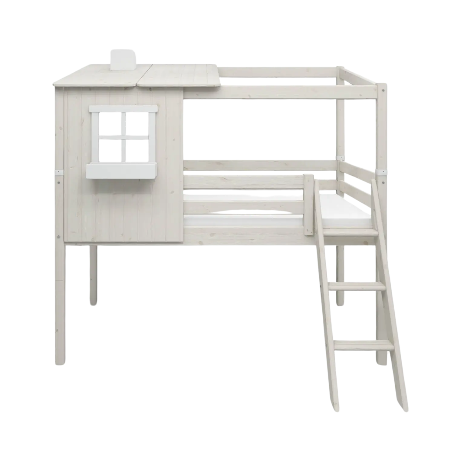 Lit mi-haut avec 1/2 maisonnette, échelle et barrière de sécurité, 90x200 cm, Blanc