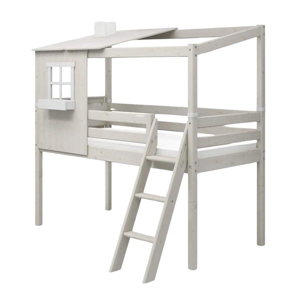 Lit mi-haut avec 1/2 maisonnette, échelle et barrière de sécurité, 90x200 cm, Blanc