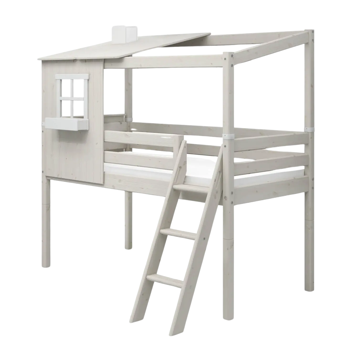 Lit mi-haut avec 1/2 maisonnette, échelle et barrière de sécurité, 90x200 cm, Blanc