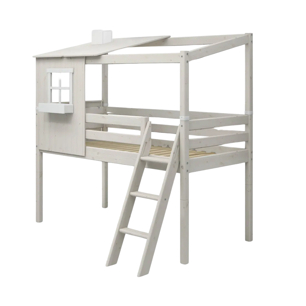 Lit mi-haut avec 1/2 maisonnette, échelle et barrière de sécurité, 90x200 cm, Blanc