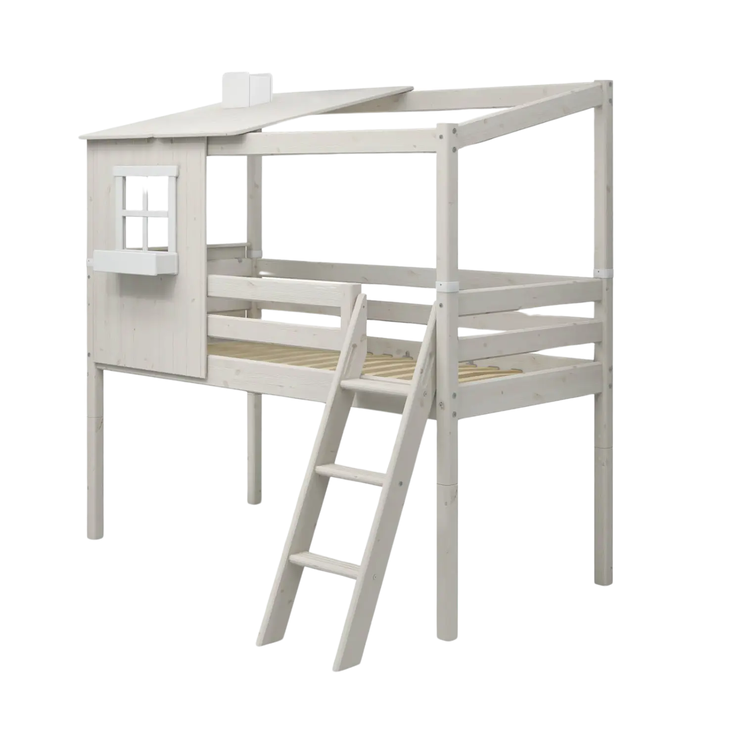 Lit mi-haut avec 1/2 maisonnette, échelle et barrière de sécurité, 90x200 cm, Blanc