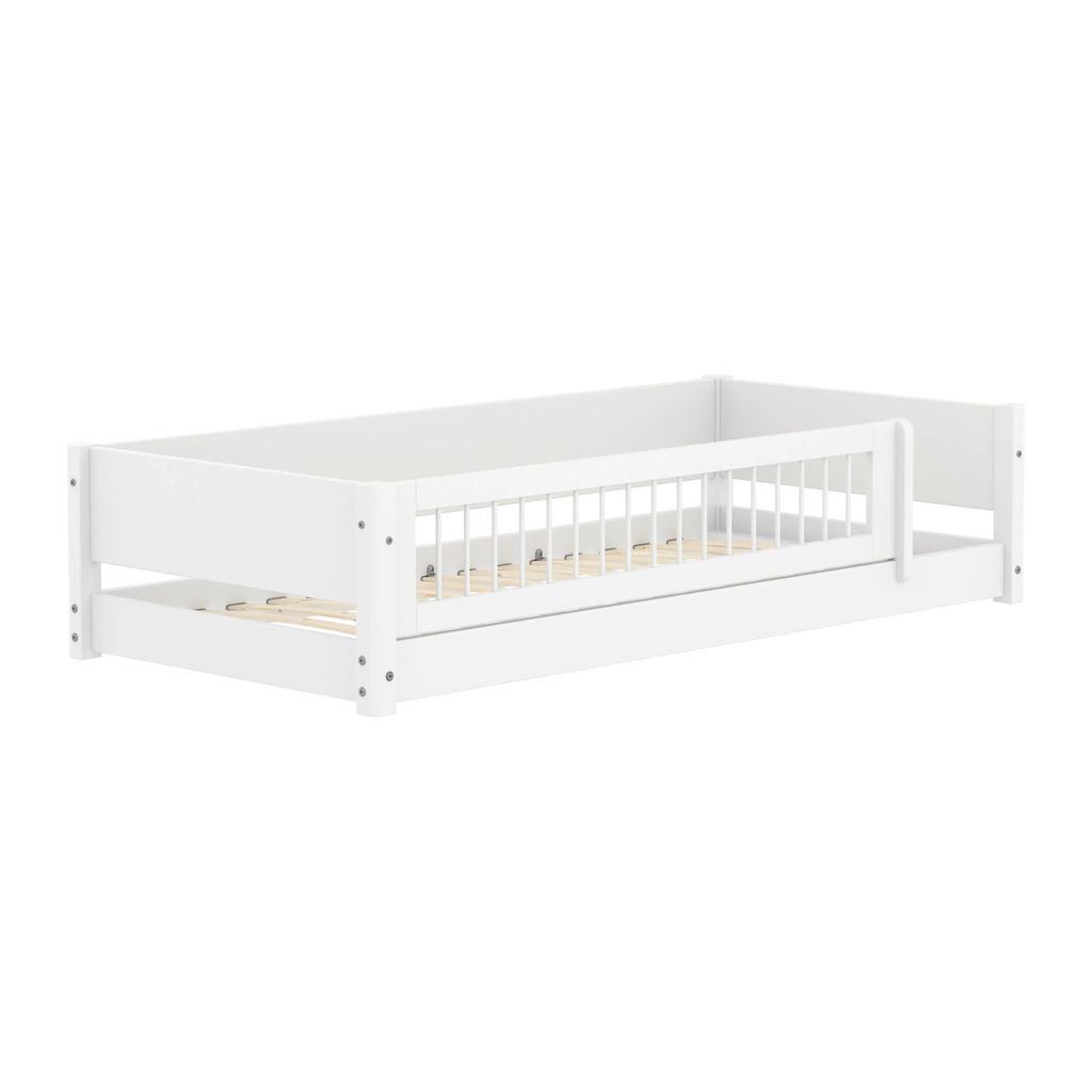 Lit Montessori avec Barrière de Sécurité et Barre Transversale, 90x200 cm, Blanc
