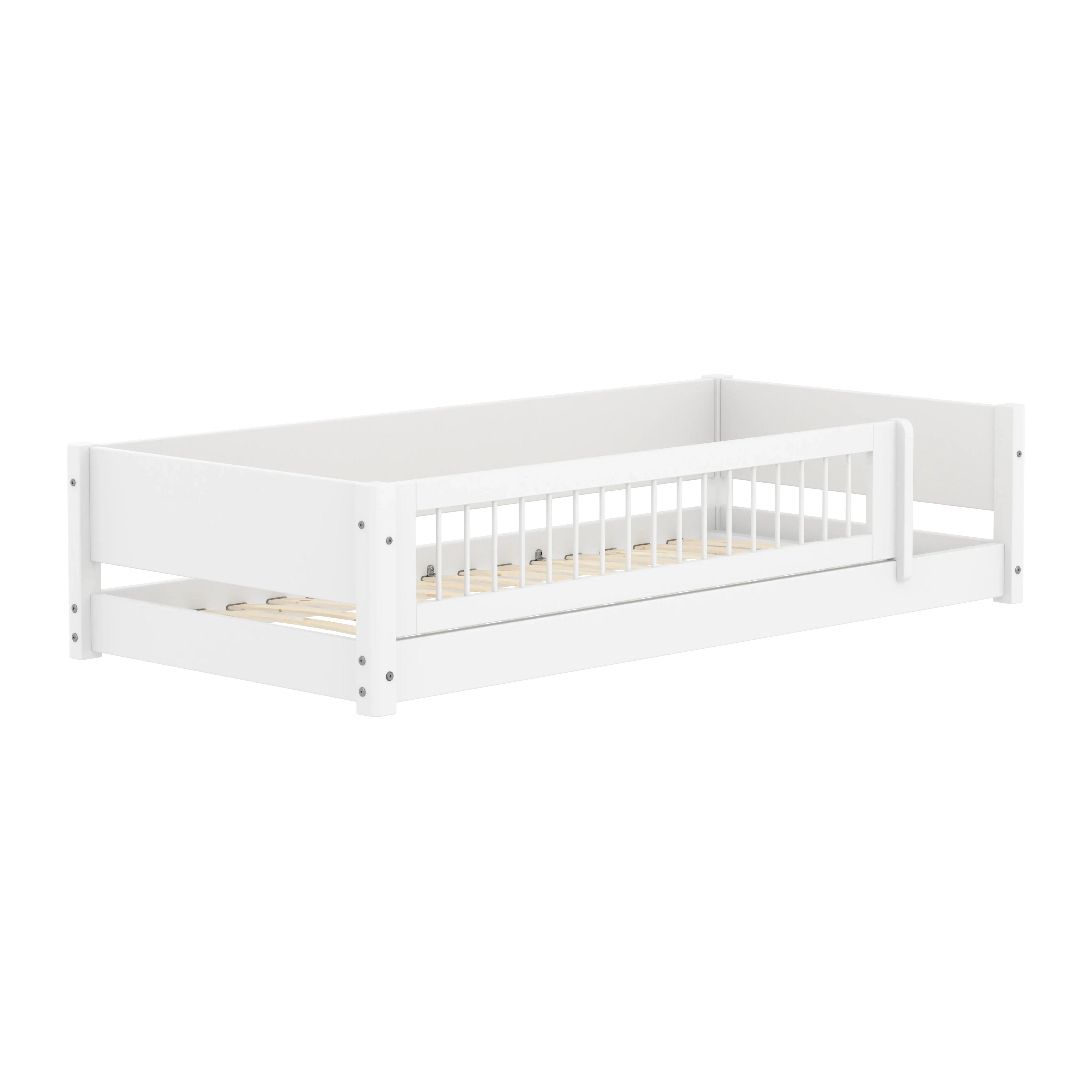 Lit Montessori avec Barrière de Sécurité et Barre Transversale, 90x200 cm, Blanc