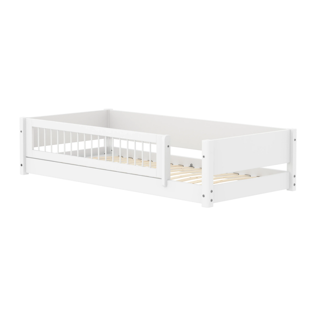 Lit Montessori avec Barrière de Sécurité et Barre Transversale, 90x200 cm, Blanc
