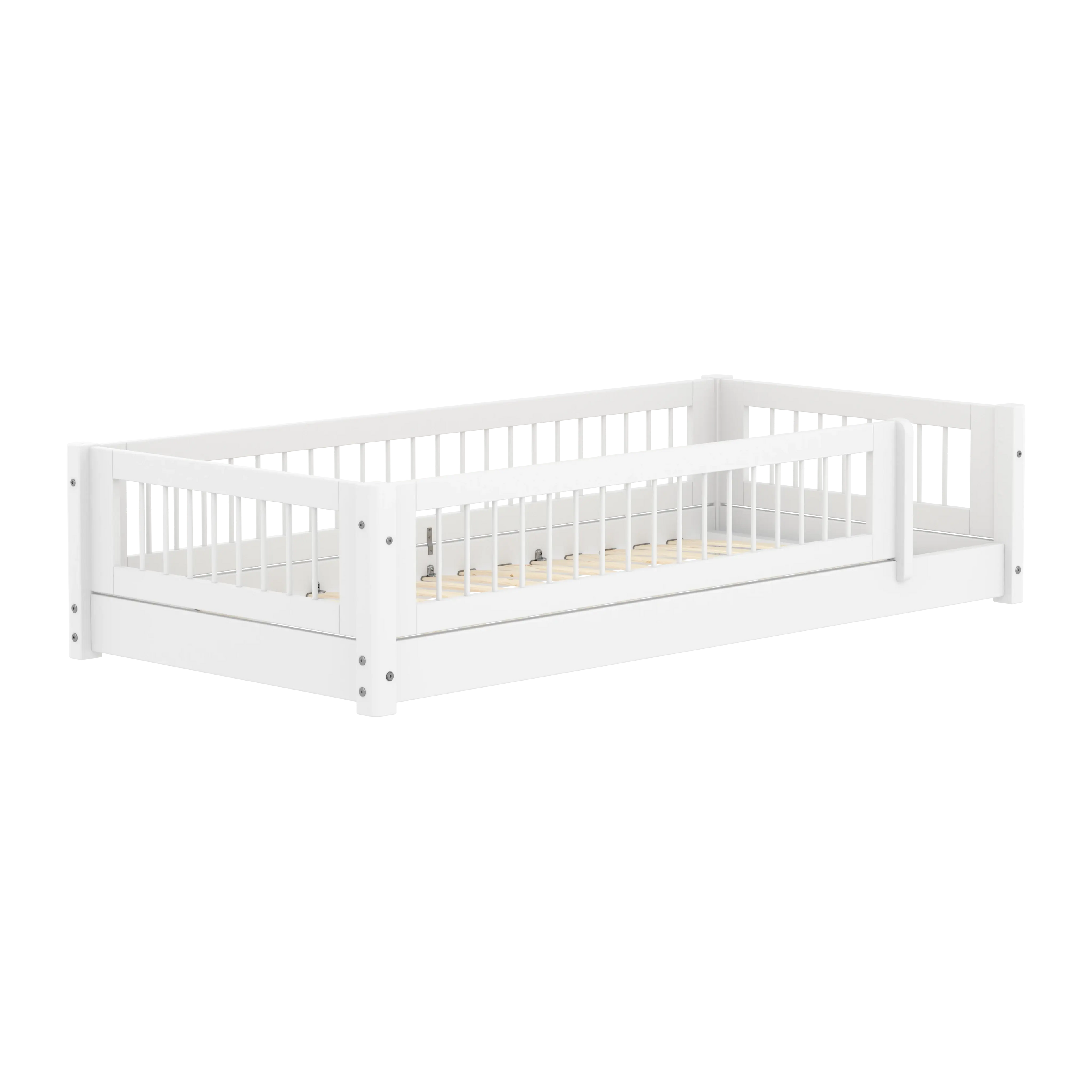 Lit Montessori avec barreaux et barrière de sécurité, 90x200 cm, Blanc