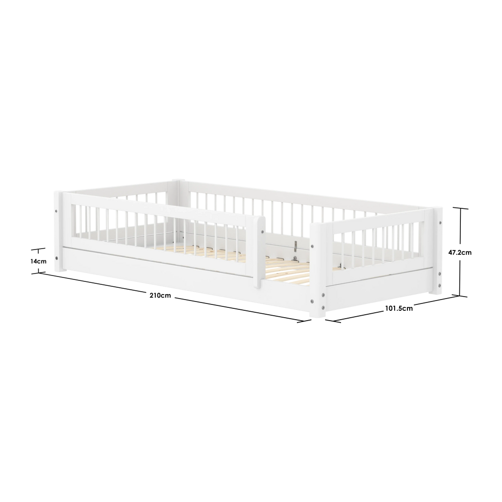 Lit Montessori avec barreaux et barrière de sécurité, 90x200 cm, Blanc