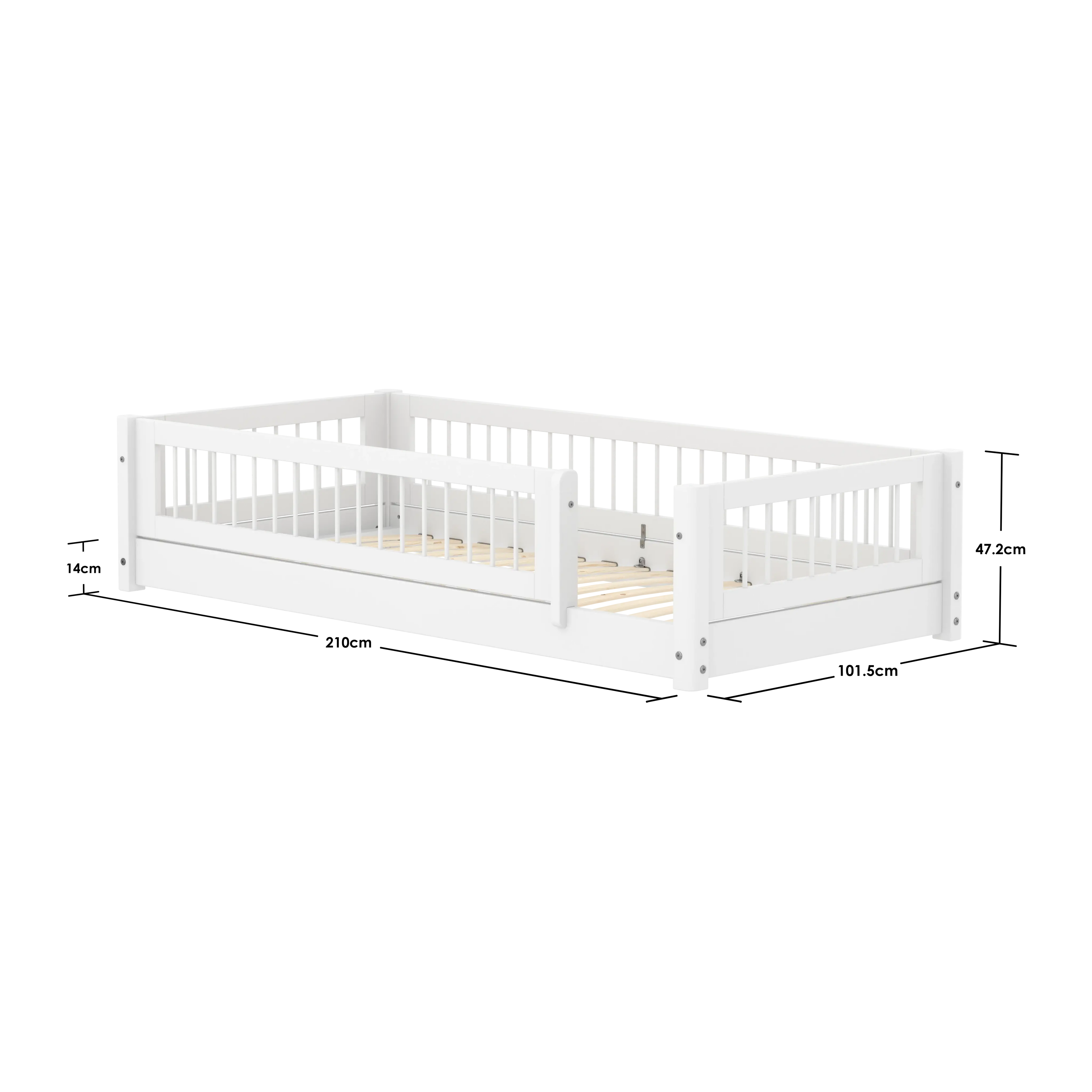 Lit Montessori avec barreaux et barrière de sécurité, 90x200 cm, Blanc