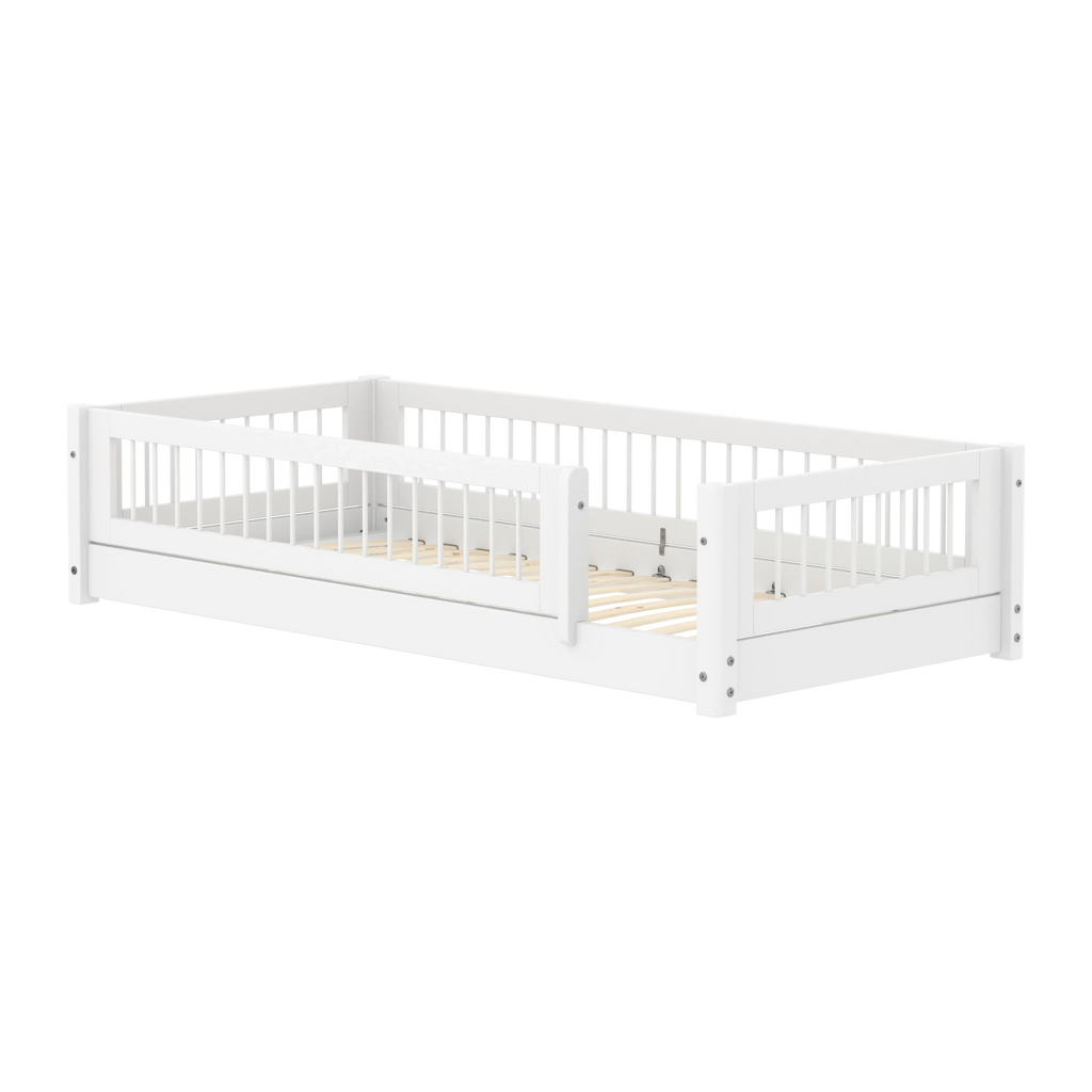 Lit Montessori avec barreaux et barrière de sécurité, 90x200 cm, Blanc