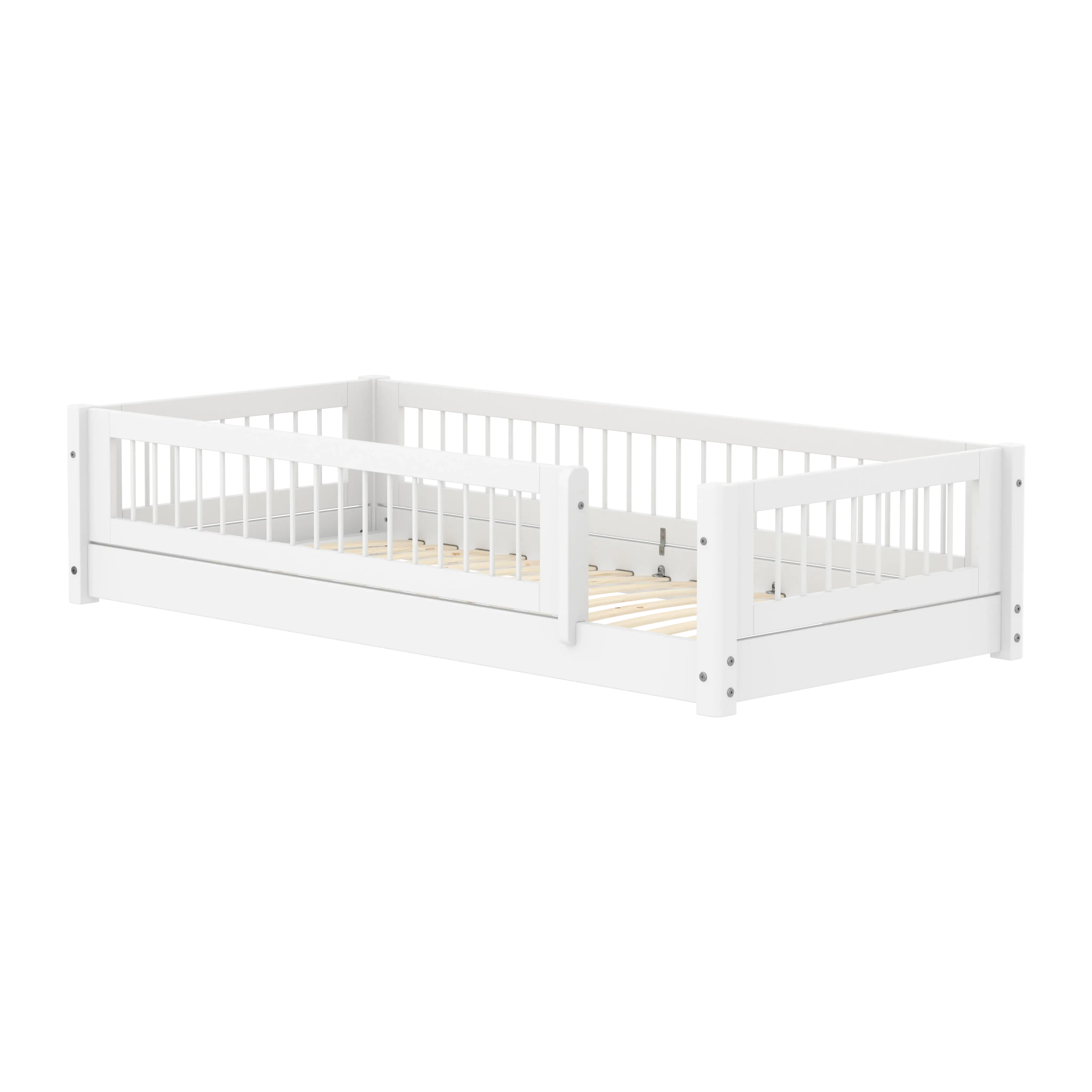 Lit Montessori avec barreaux et barrière de sécurité, 90x200 cm, Blanc