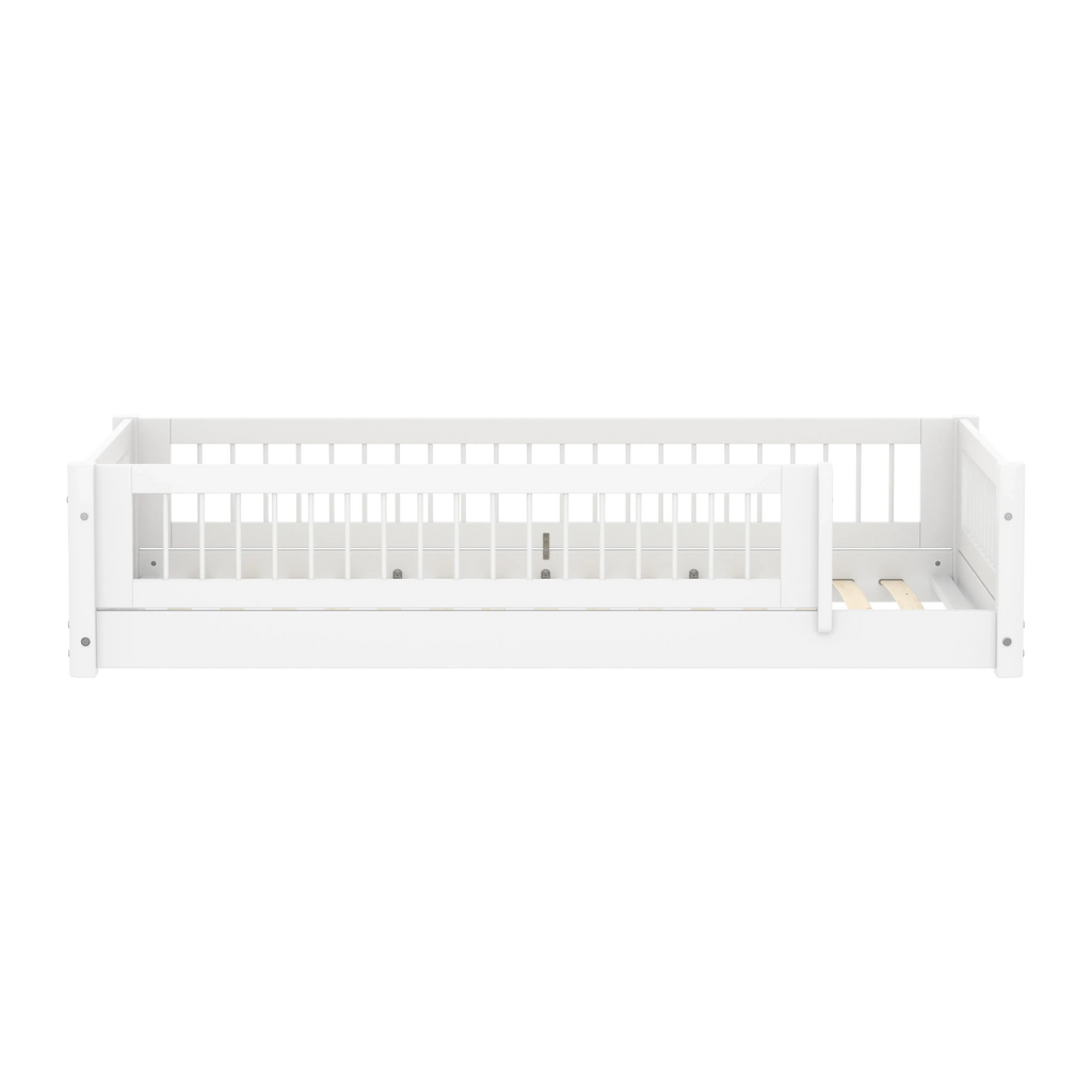 Lit Montessori avec barreaux et barrière de sécurité, 90x200 cm, Blanc