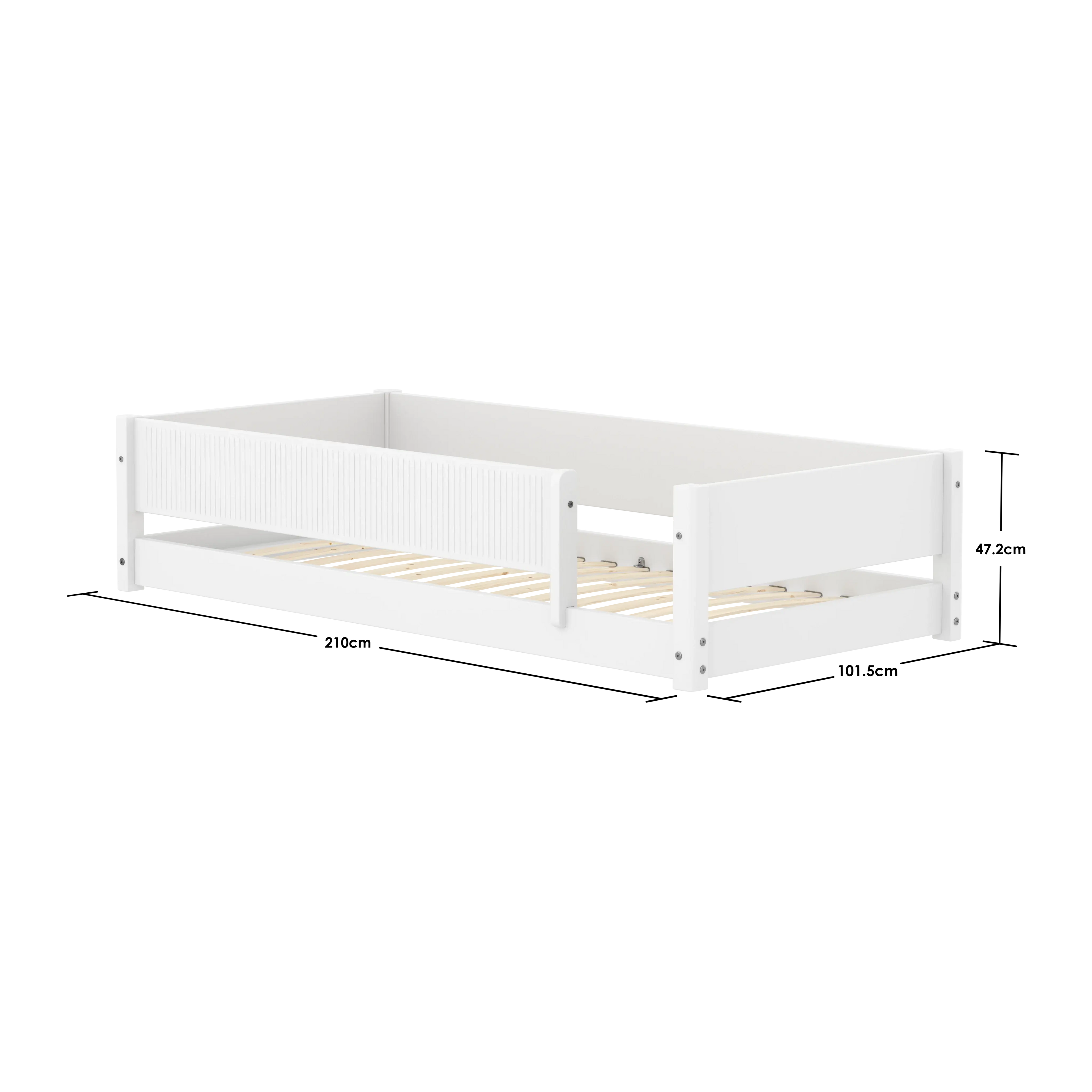 Lit Montessori avec rainures de sécurité frontales, 90x200 cm, Blanc