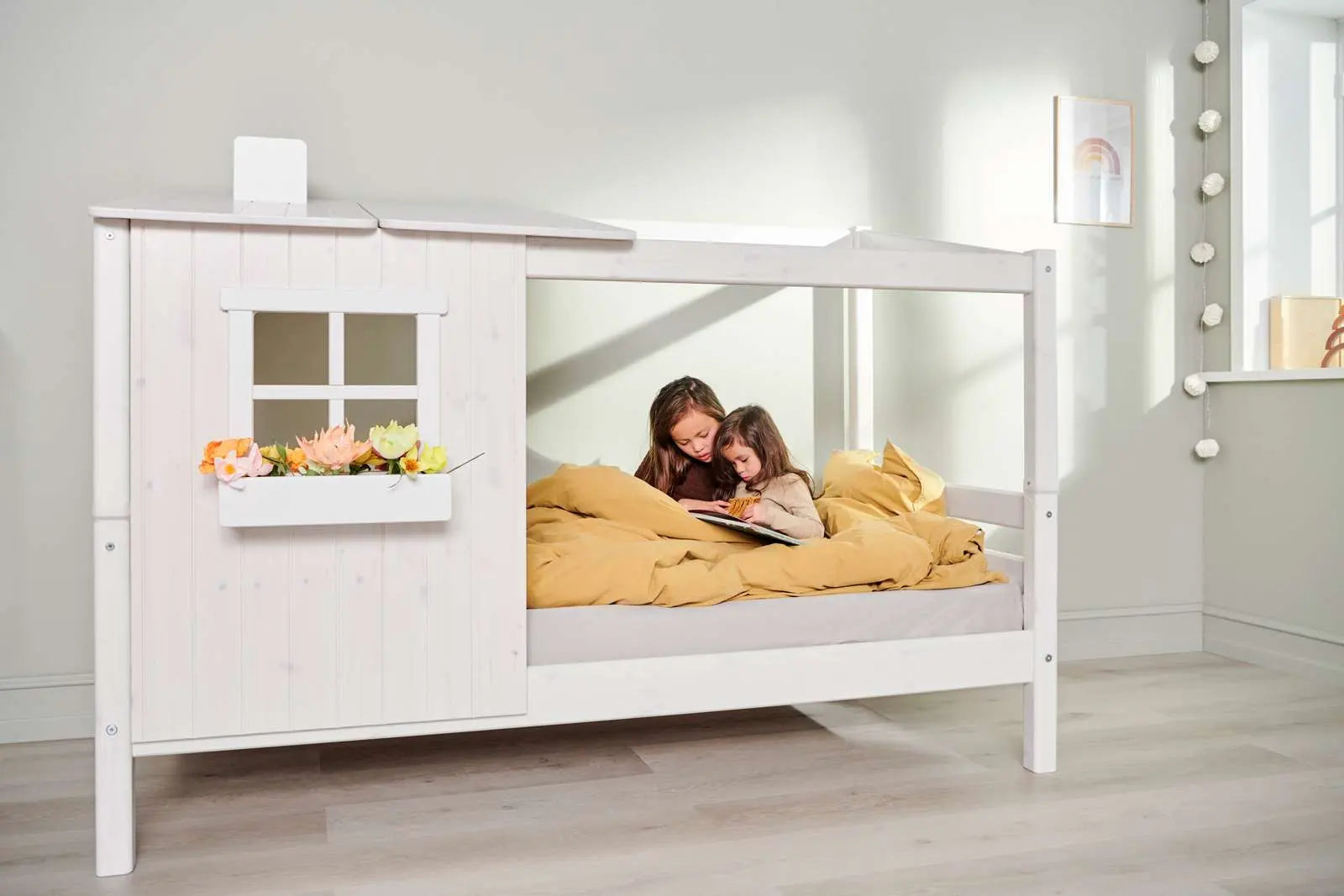 Lit simple avec 1/2 maison, échelle, 90x200 cm, Blanc