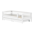 Lit simple avec sommier à lattes, rangement et barrière de sécurité, 90x200 cm, blanc