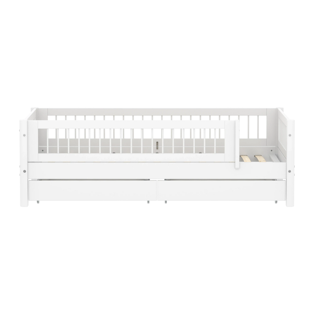 Lit simple avec sommier à lattes, rangement et barrière de sécurité, 90x200 cm, blanc