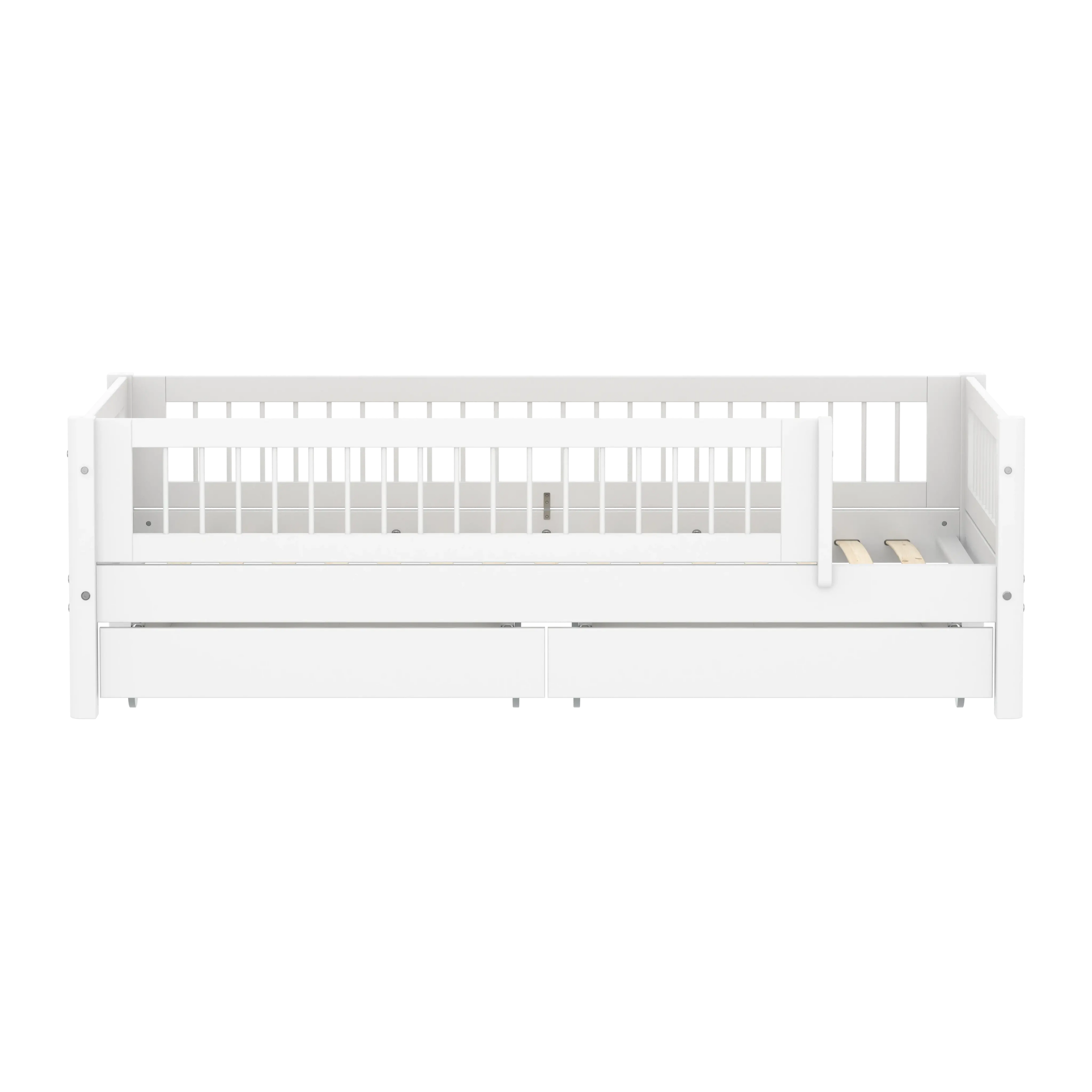 Lit simple avec sommier à lattes, rangement et barrière de sécurité, 90x200 cm, blanc