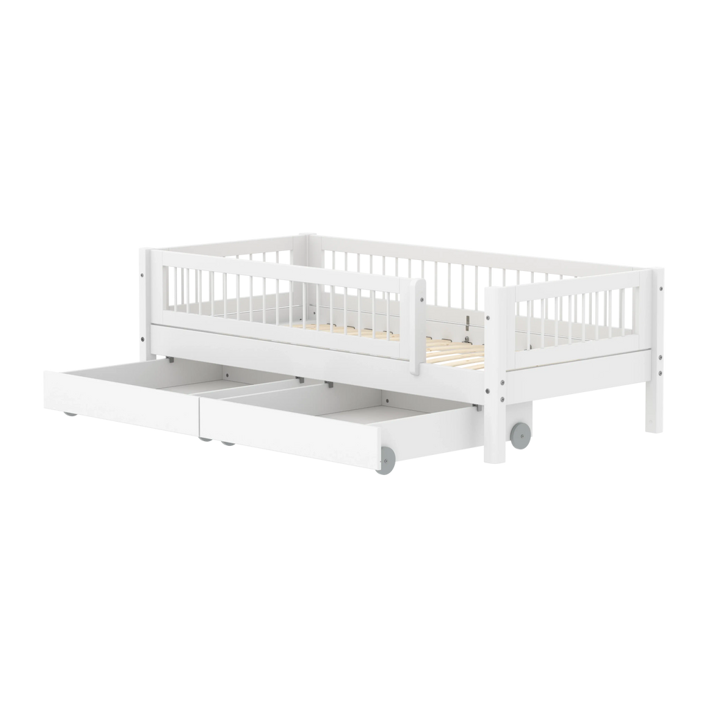 Lit simple avec sommier à lattes, rangement et barrière de sécurité, 90x200 cm, blanc