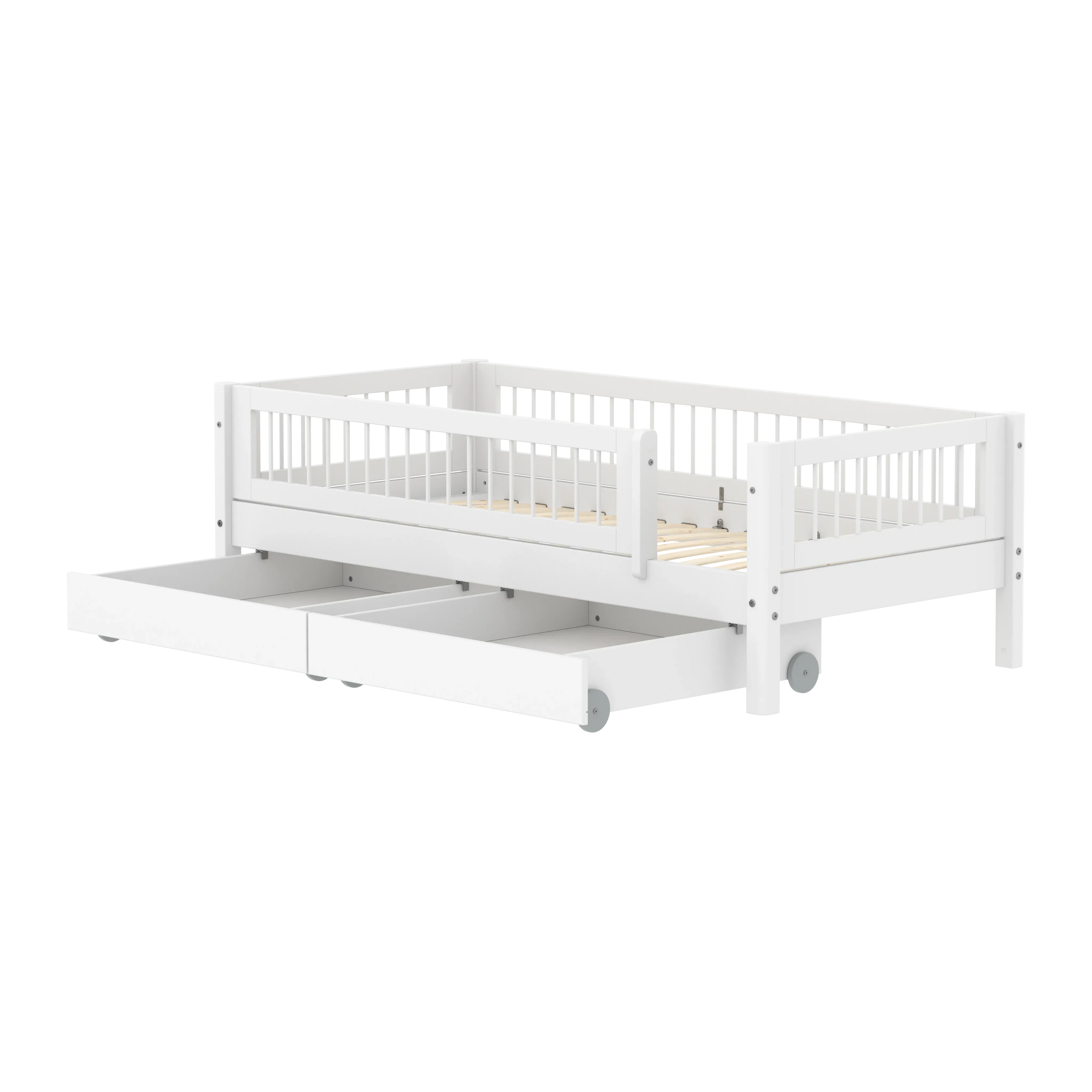 Lit simple avec sommier à lattes, rangement et barrière de sécurité, 90x200 cm, blanc